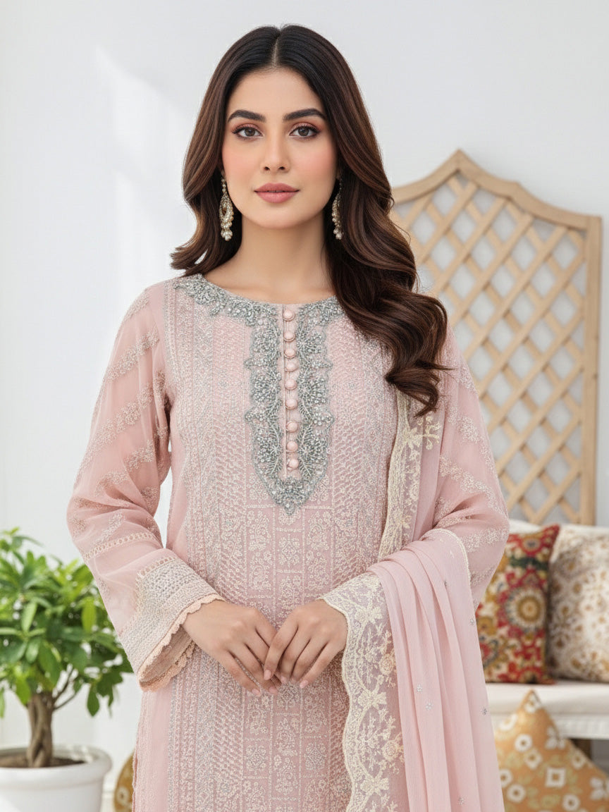 Peach Luxury Embroidered Chiffon Suit