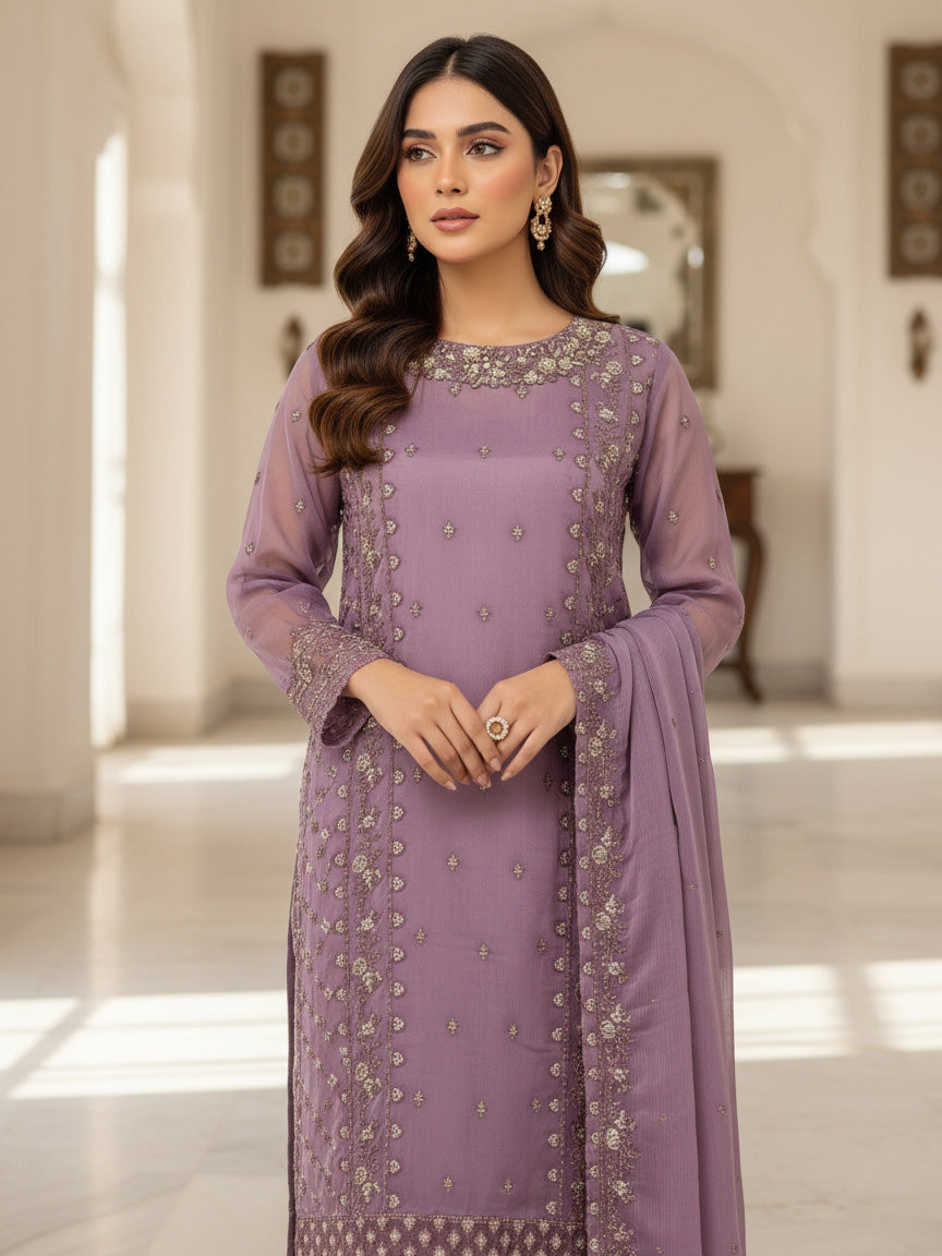 Lilac Chiffon Embroidered Suit
