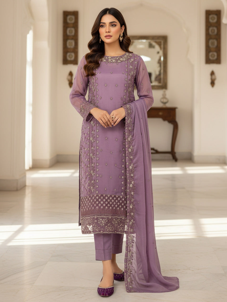 Lilac Chiffon Embroidered Suit