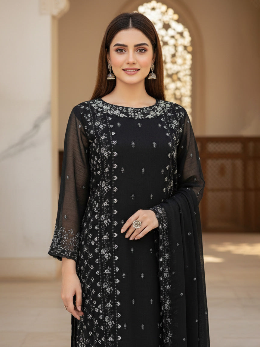 Black Chiffon Embroidered Suit