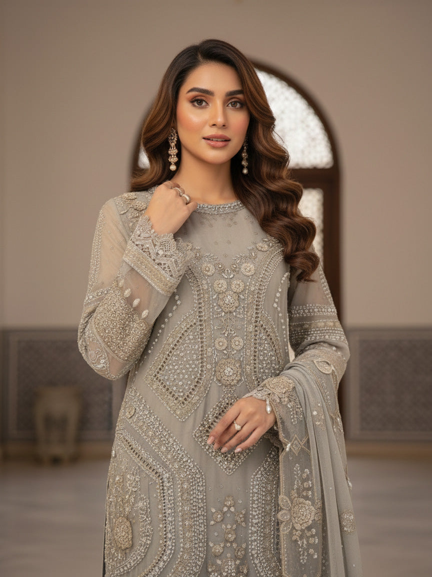 Ally's Grey Heavy Embroidered Organza Suit