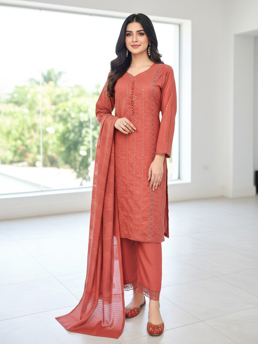 Coral Pink Schiffli Dhanak 3-Piece Suit with Shawl