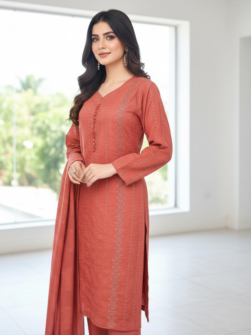 Coral Pink Schiffli Dhanak 3-Piece Suit with Shawl