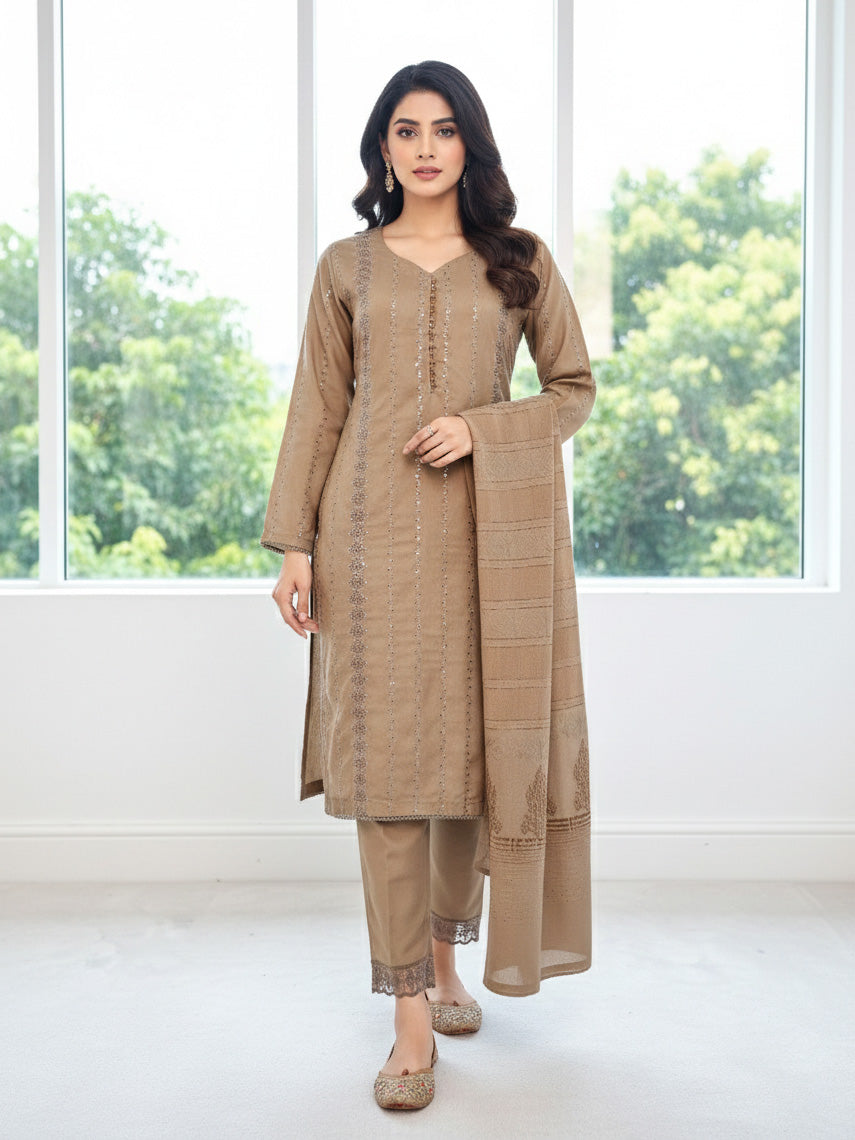 Brown Schiffli Dhanak 3-Piece Suit with Shawl