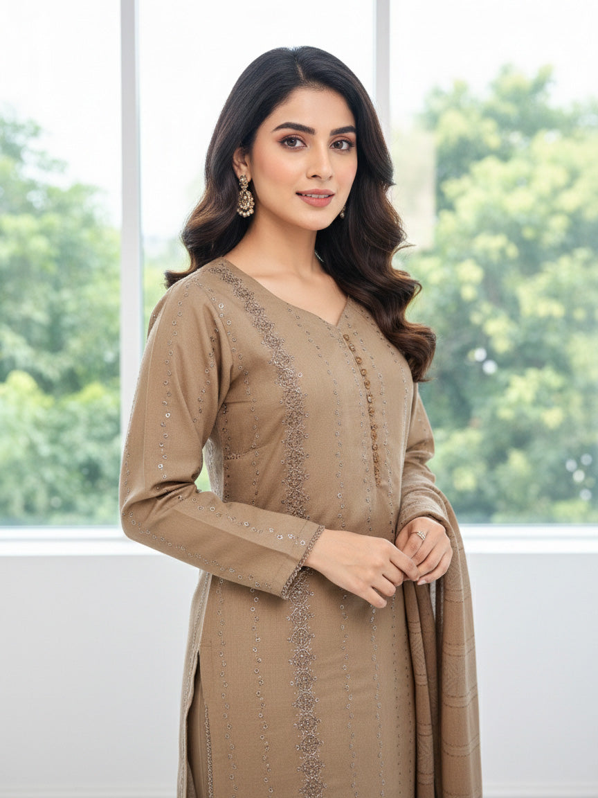 Brown Schiffli Dhanak 3-Piece Suit with Shawl