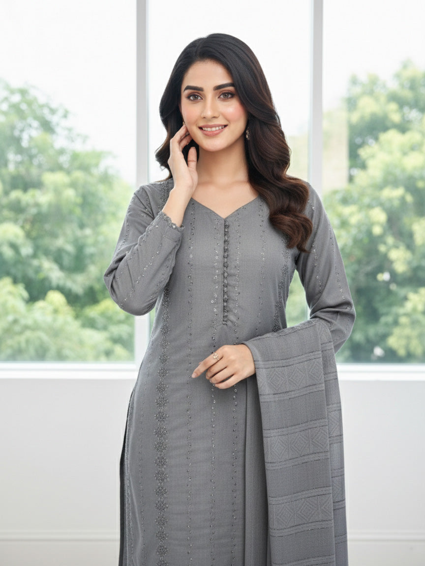 Grey Schiffli Dhanak 3-Piece Suit with Shawl