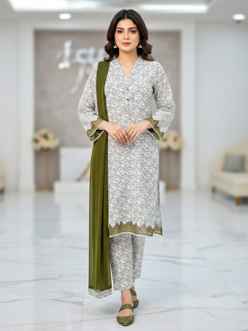 White & Olive Marina Printed Casual 3-Piece Suit