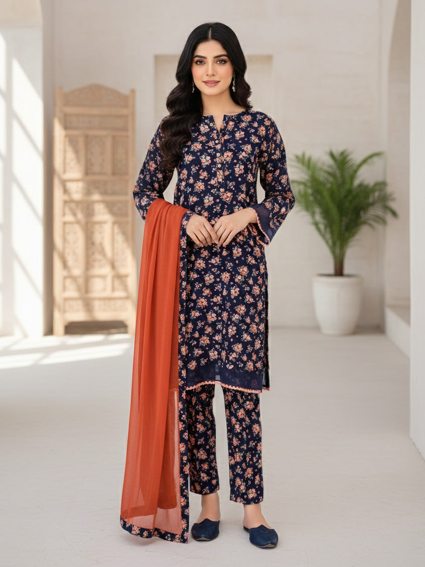 Navy Marina Printed Casual 3-Piece Suit