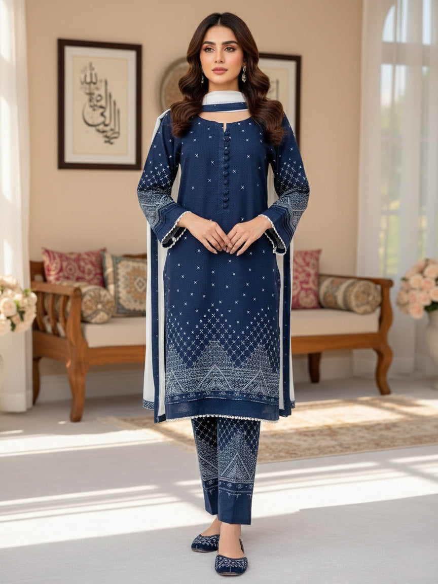 Navy Blue Slub Linen 3-Piece Suit