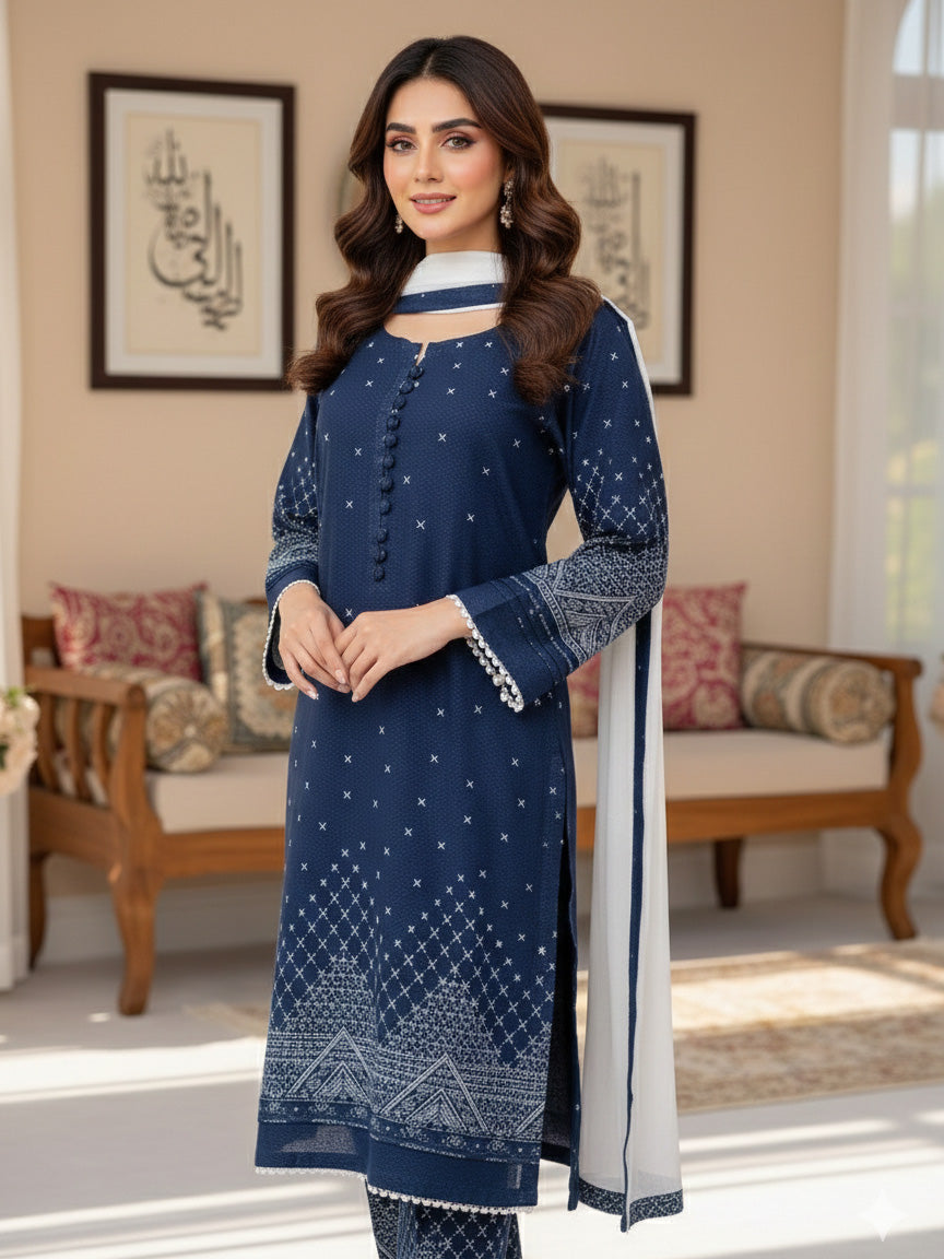 Navy Blue Slub Linen 3-Piece Suit