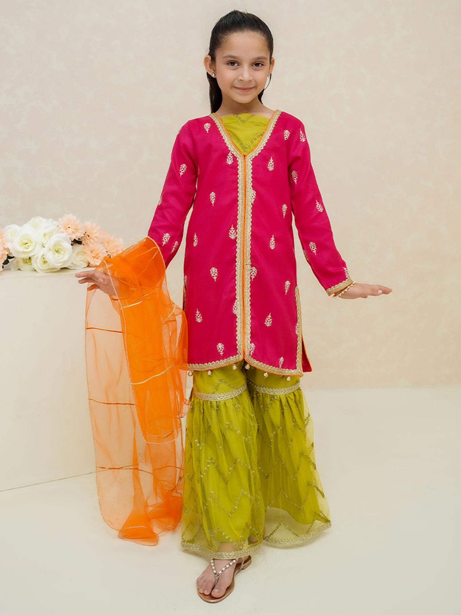 Kids Hot Pink Rawsilk Suit with Lime Green Gharara