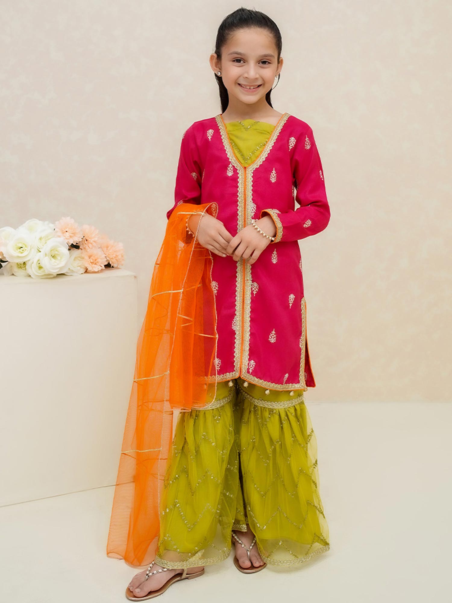Kids Hot Pink Rawsilk Suit with Lime Green Gharara