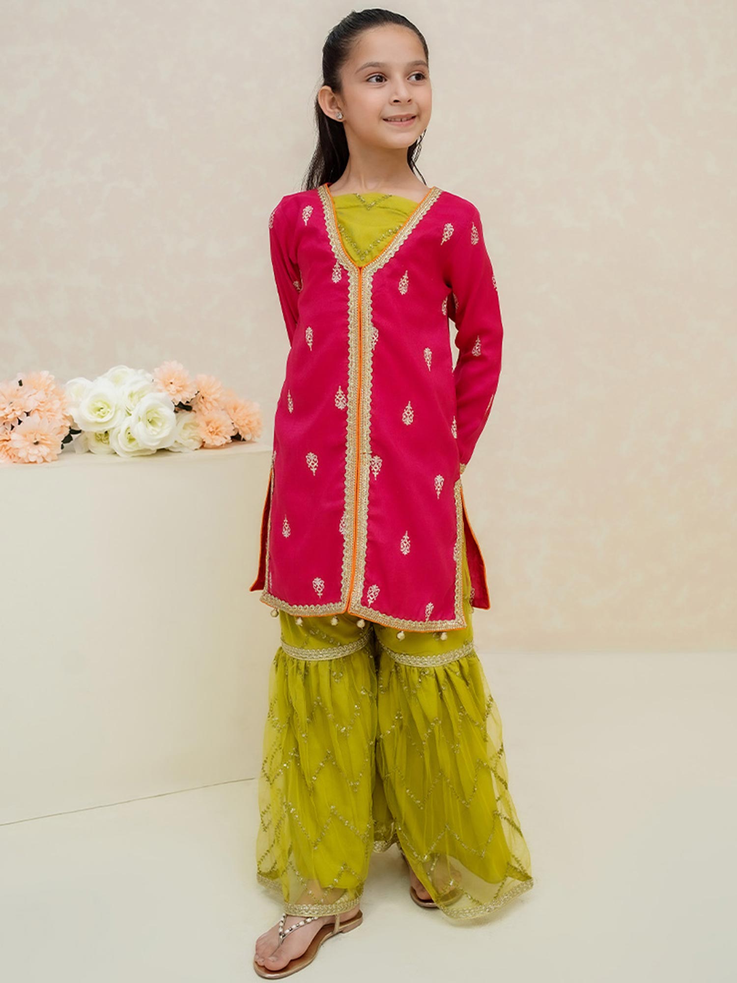 Kids Hot Pink Rawsilk Suit with Lime Green Gharara
