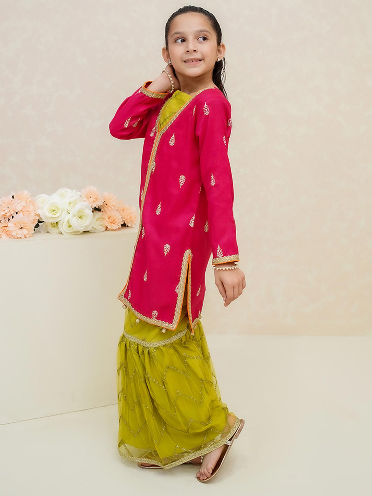 Kids Hot Pink Rawsilk Suit with Lime Green Gharara