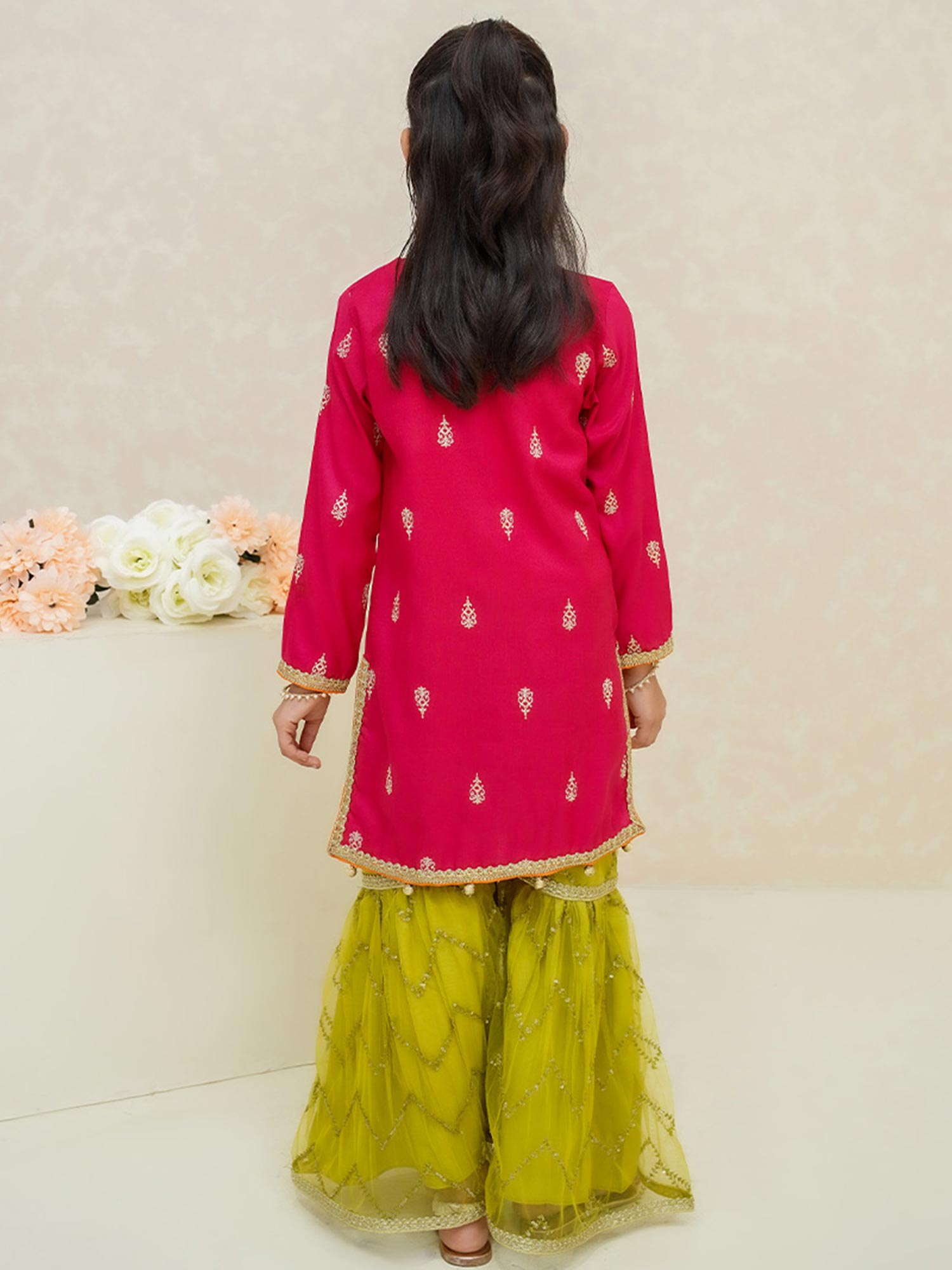 Kids Hot Pink Rawsilk Suit with Lime Green Gharara