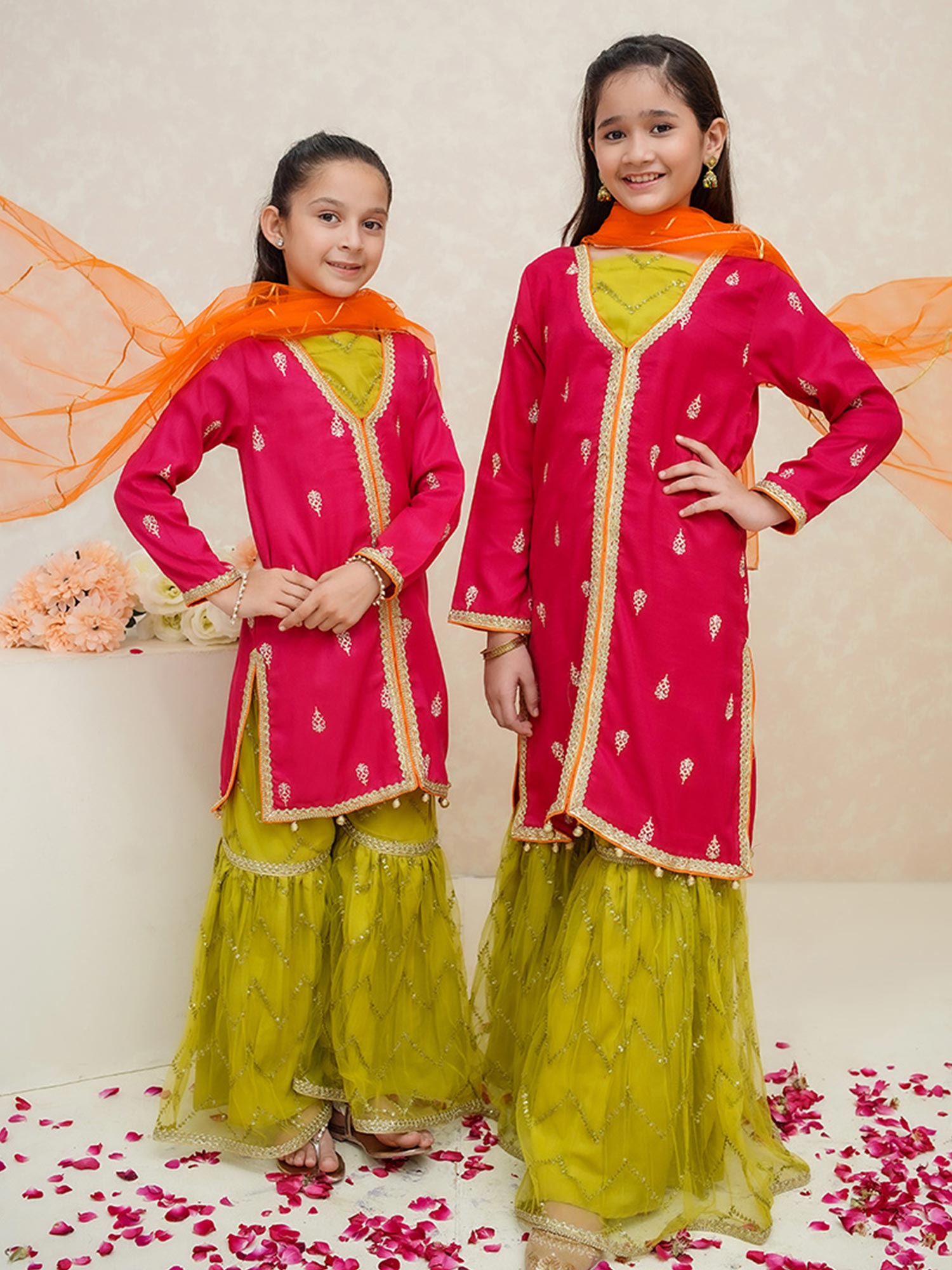 Kids Hot Pink Rawsilk Suit with Lime Green Gharara