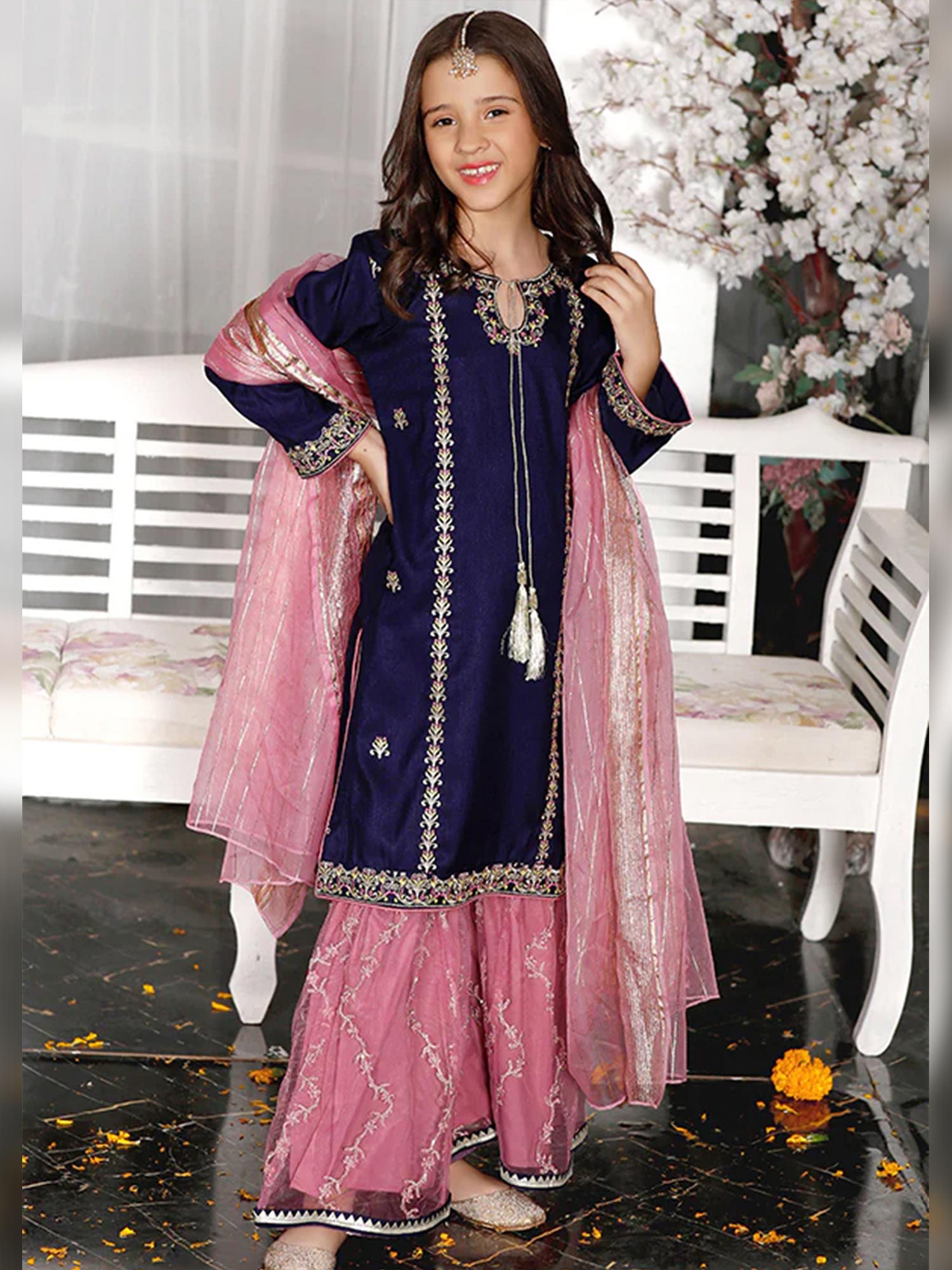 Kids Blue Rawsilk Suit with Pink Gharara