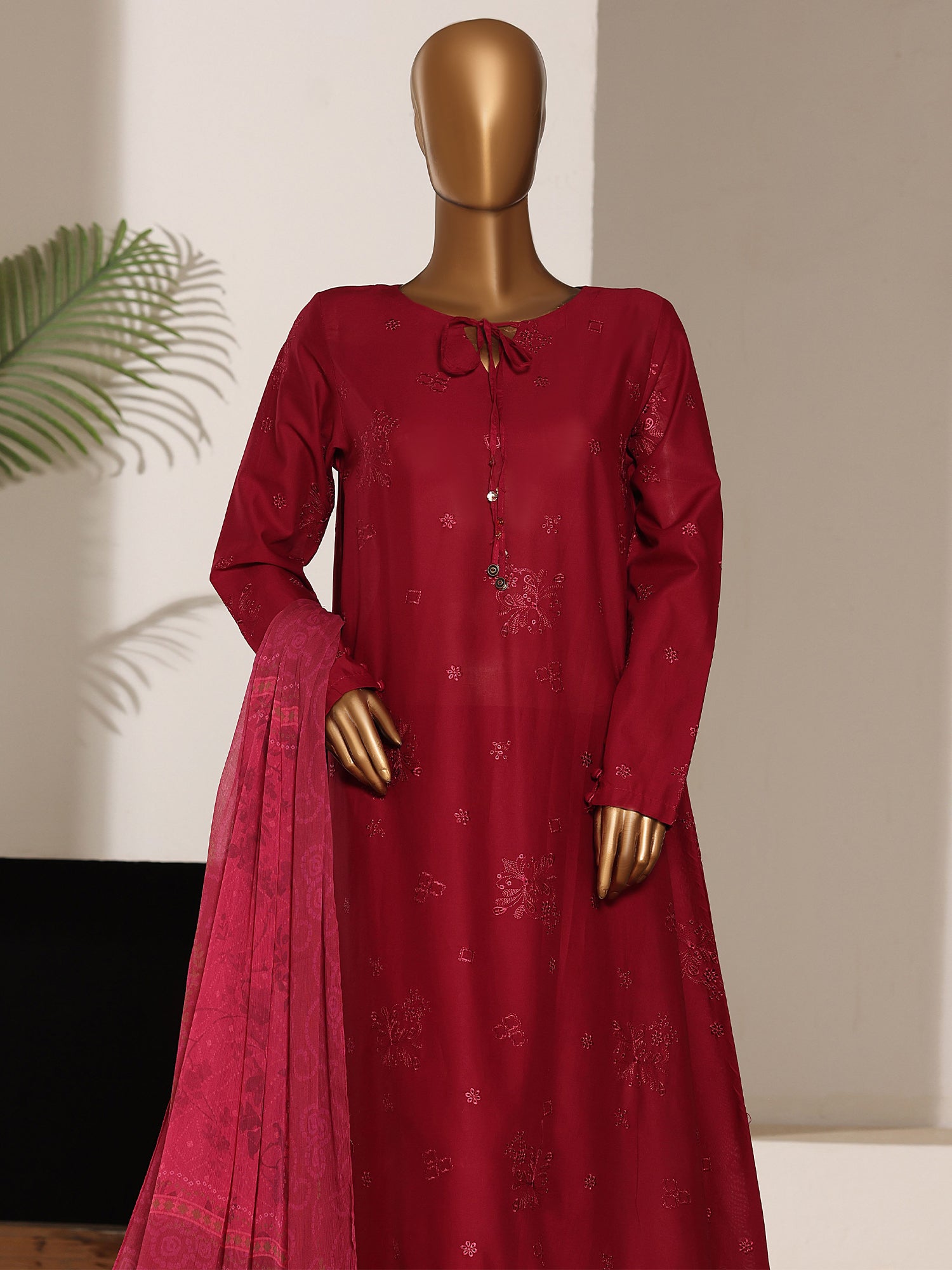 HZ Embroidered Lawn Frock 3-Piece Suit - Magenta Pink