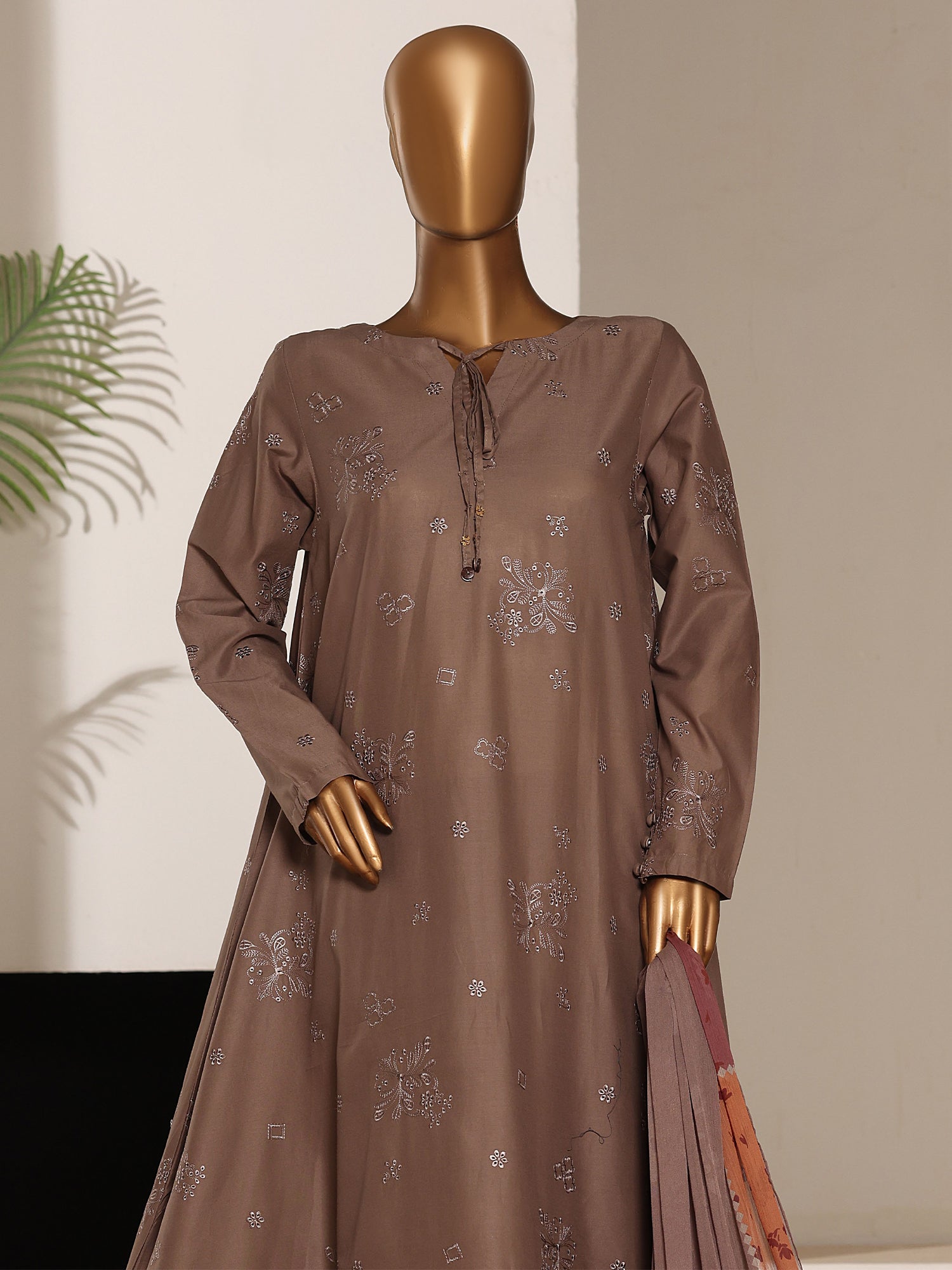 HZ Embroidered Lawn Frock 3-Piece Suit - Coffee Beige