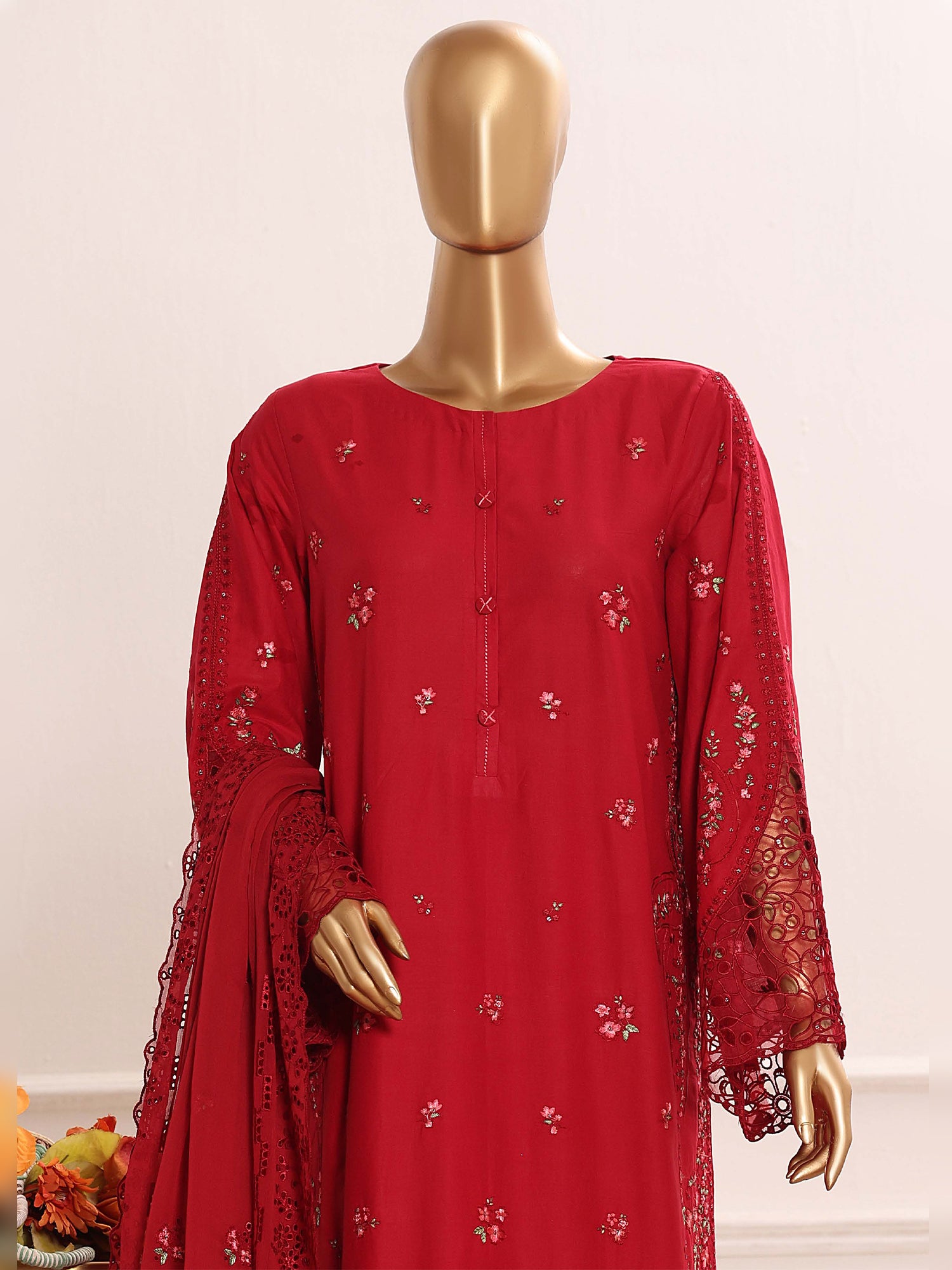 HZ Embroidered Chikankari Lawn 3-Piece Suit - Cherry Red