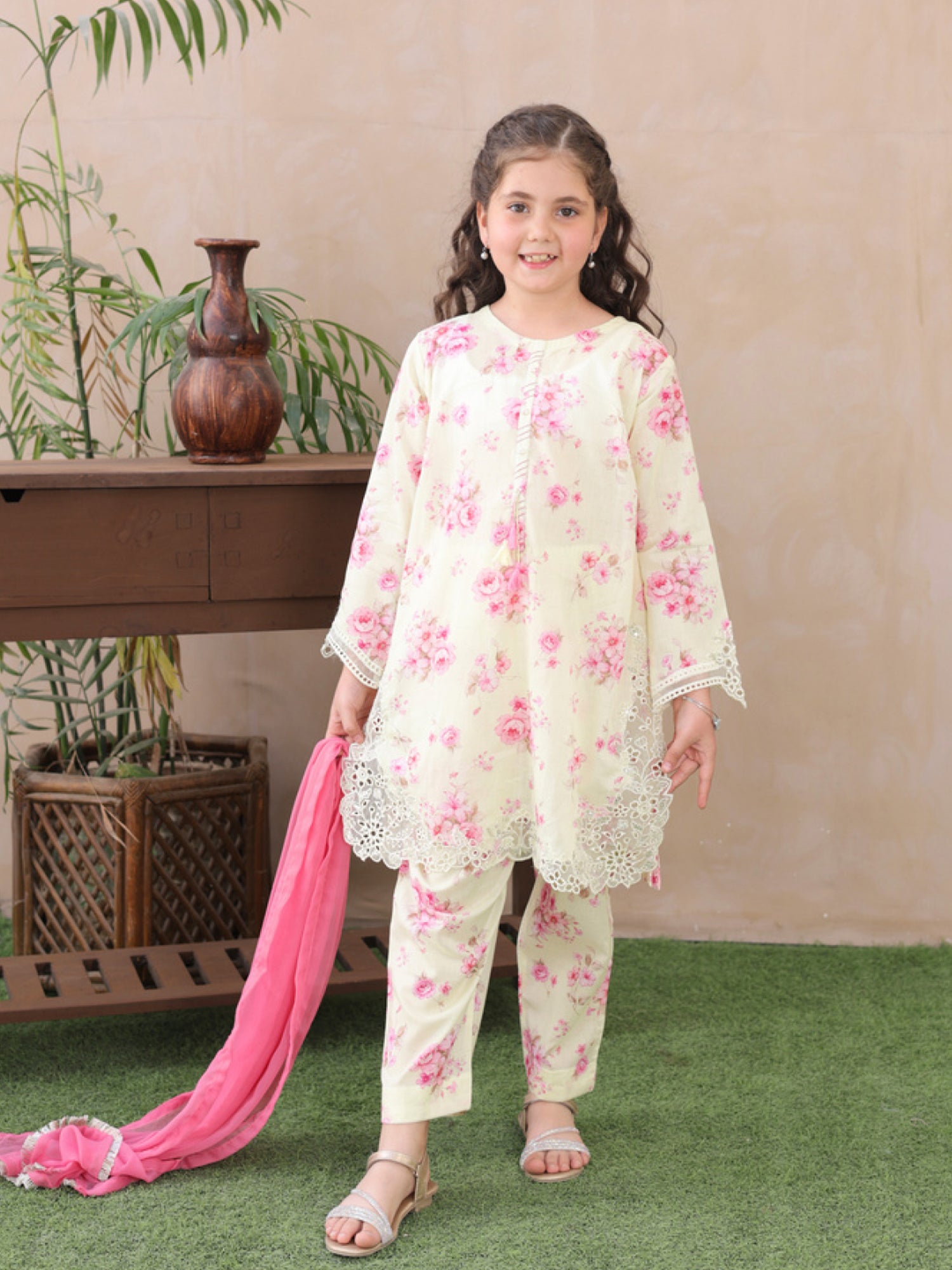 Kids Cream Embroidered Lawn 3-Piece Co-ords Set