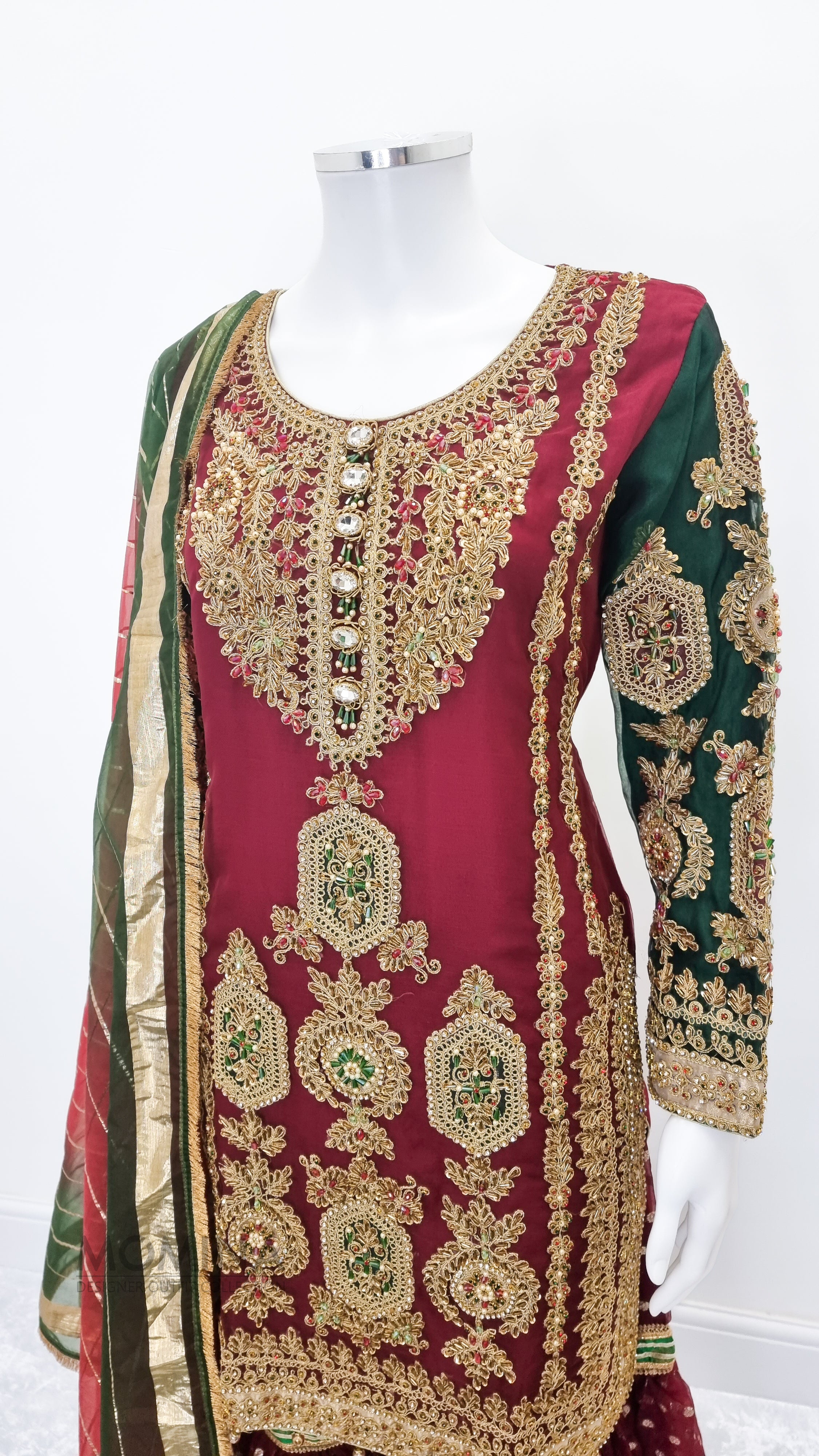 Red Organza Heavy Embroidered 3-Piece Suit with Gharara