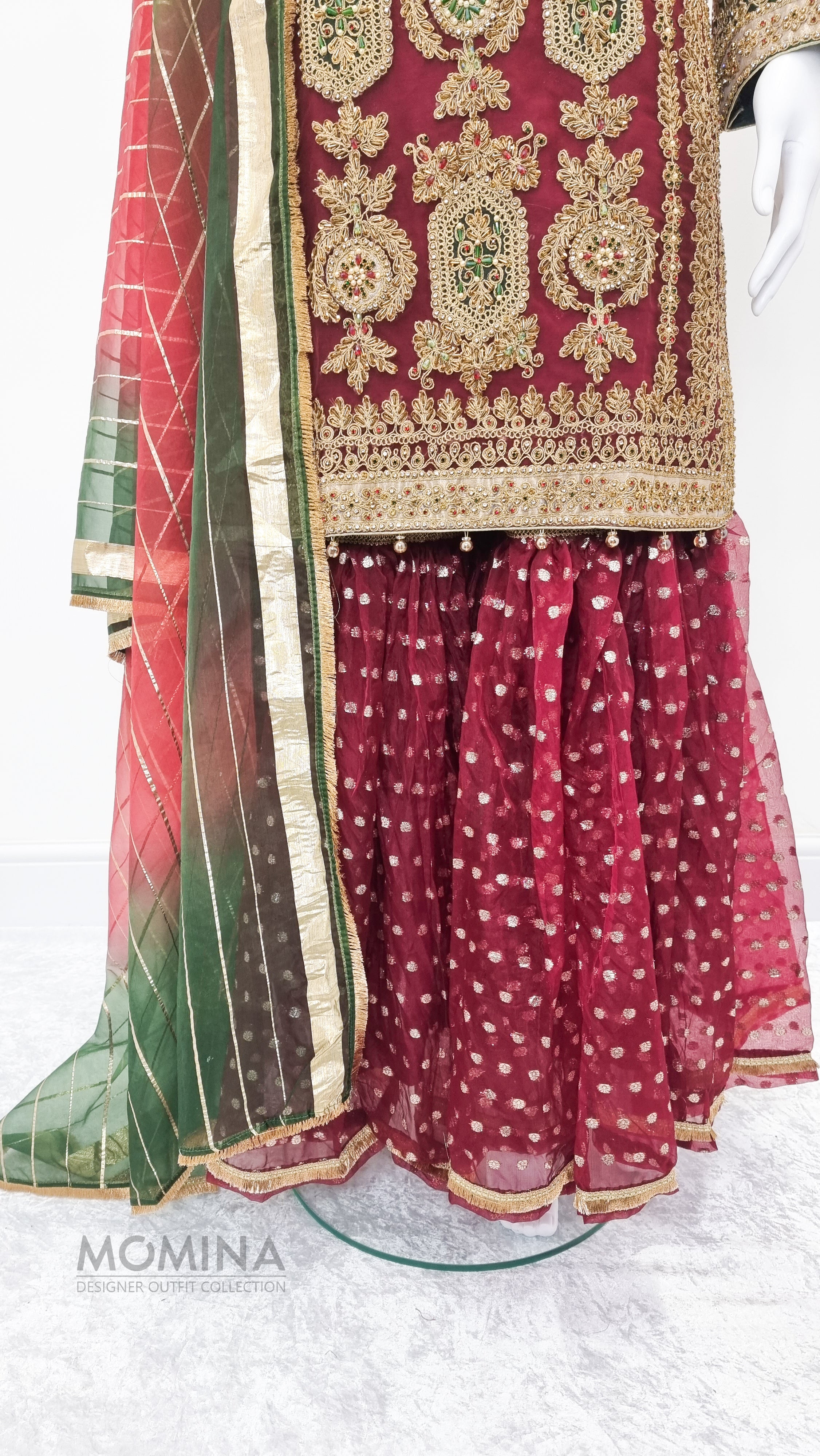 Red Organza Heavy Embroidered 3-Piece Suit with Gharara