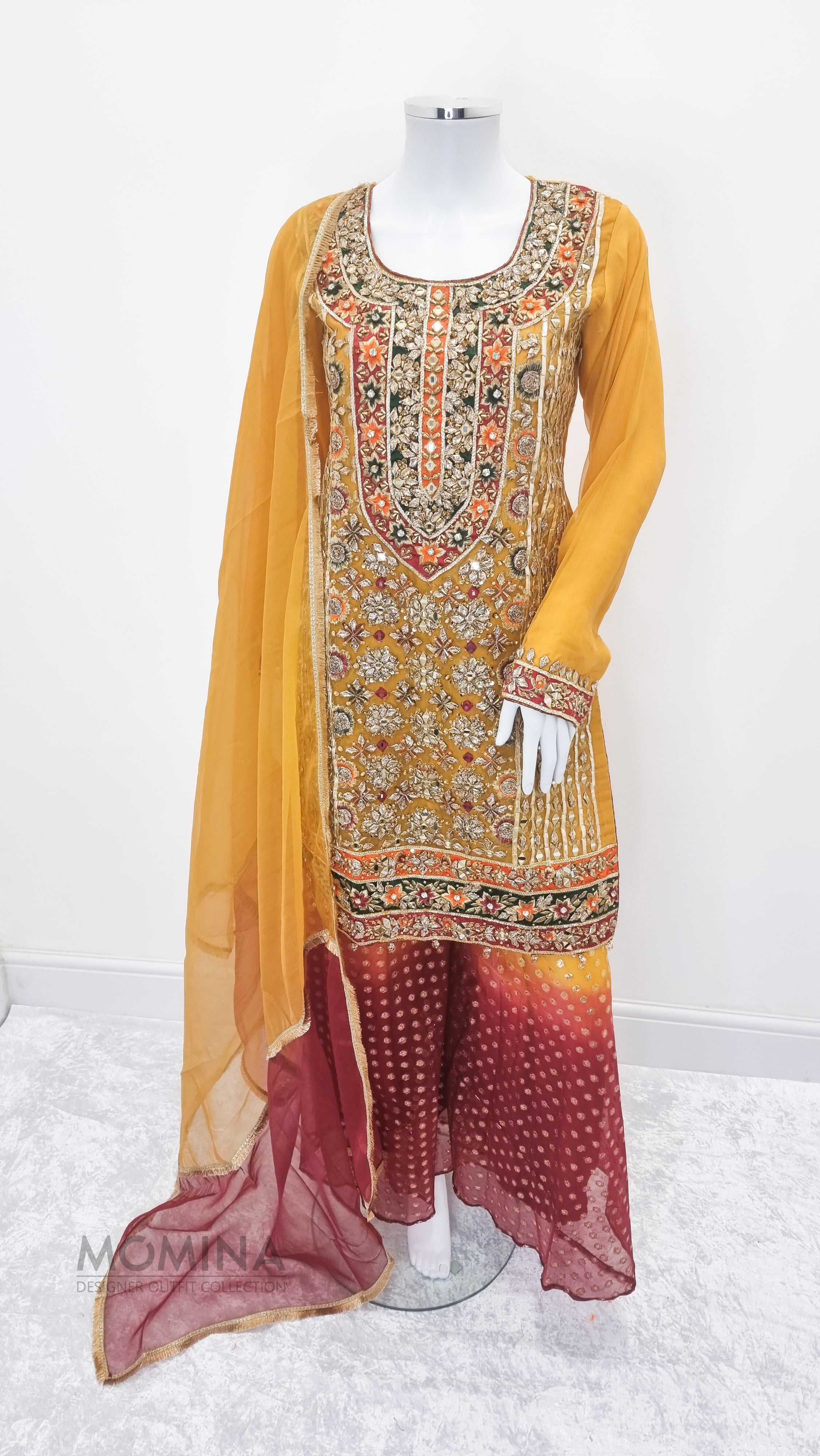Yellow Organza Heavy Embroidered 3-Piece Suit with Palazzo