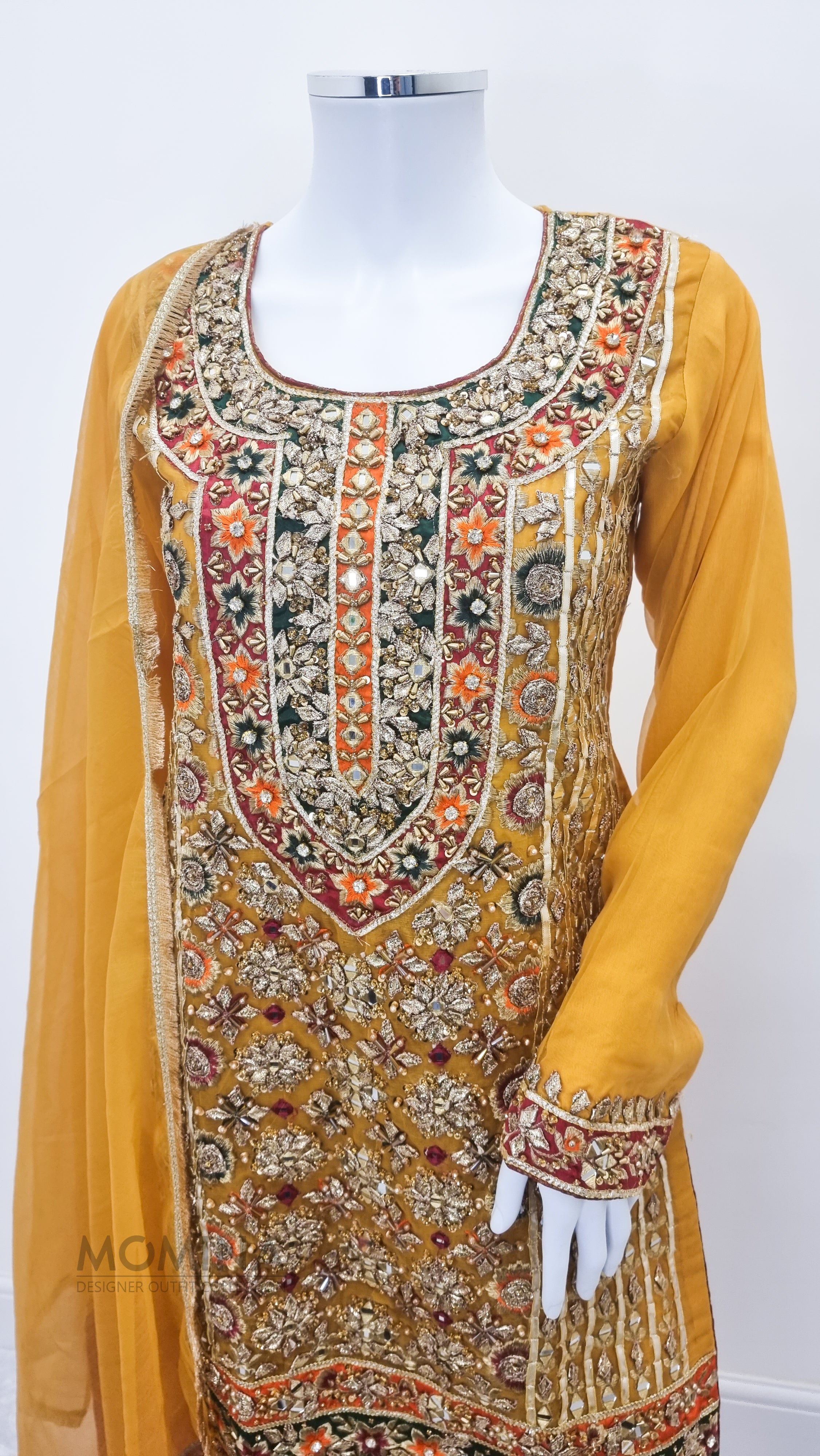 Yellow Organza Heavy Embroidered 3-Piece Suit with Palazzo