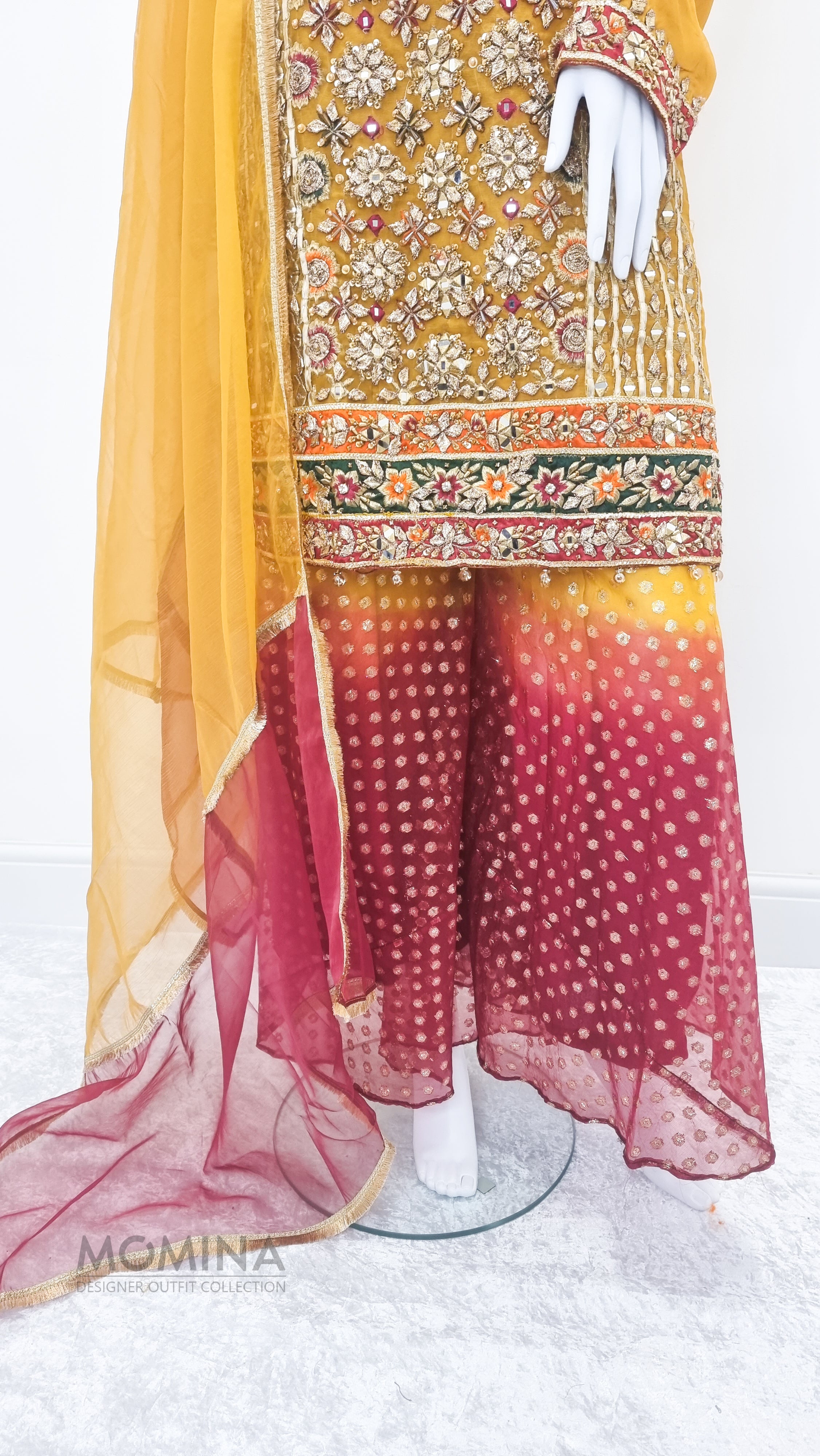 Yellow Organza Heavy Embroidered 3-Piece Suit with Palazzo