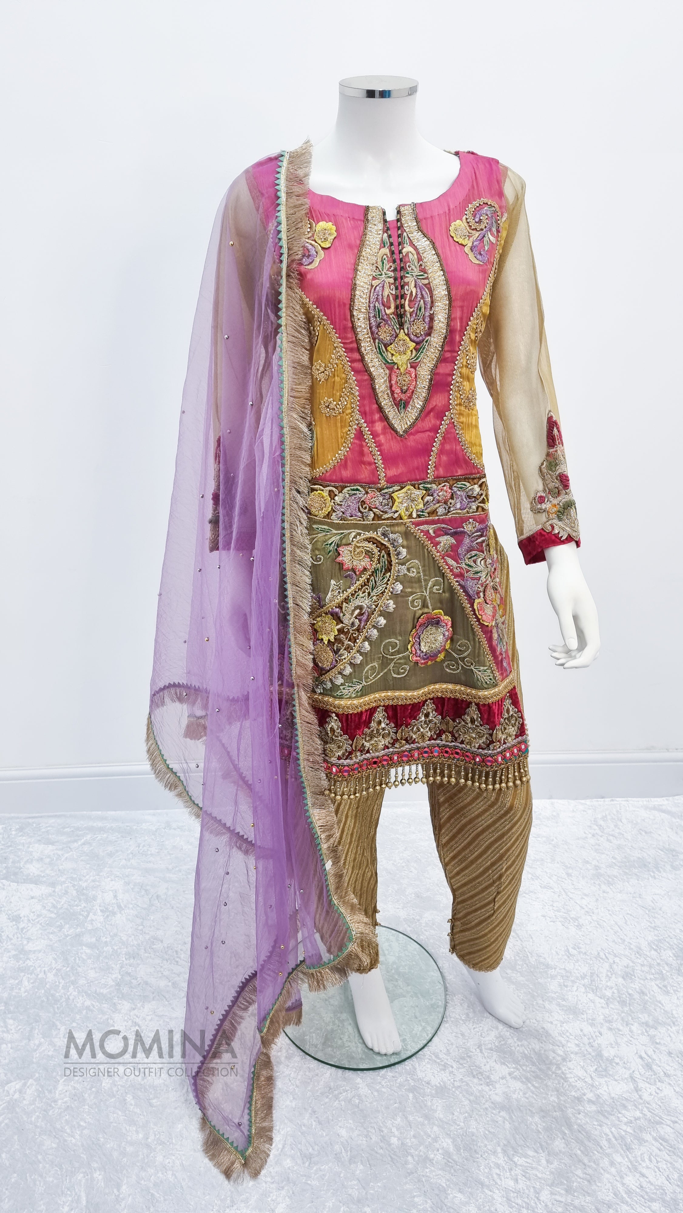 Khuda Baksh Pink & Gold Resham Masoori 3-Piece Suit