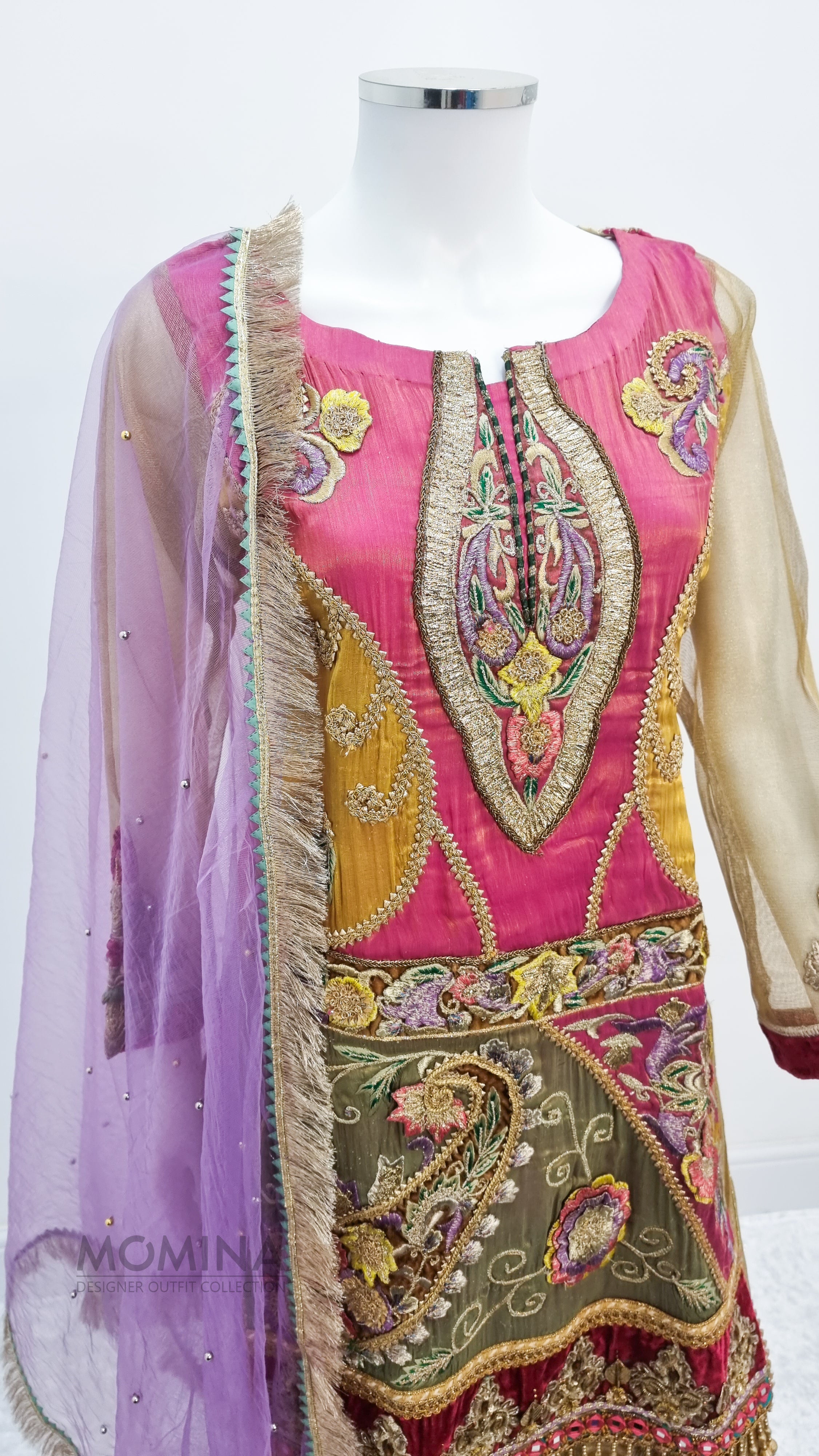Khuda Baksh Pink & Gold Resham Masoori 3-Piece Suit