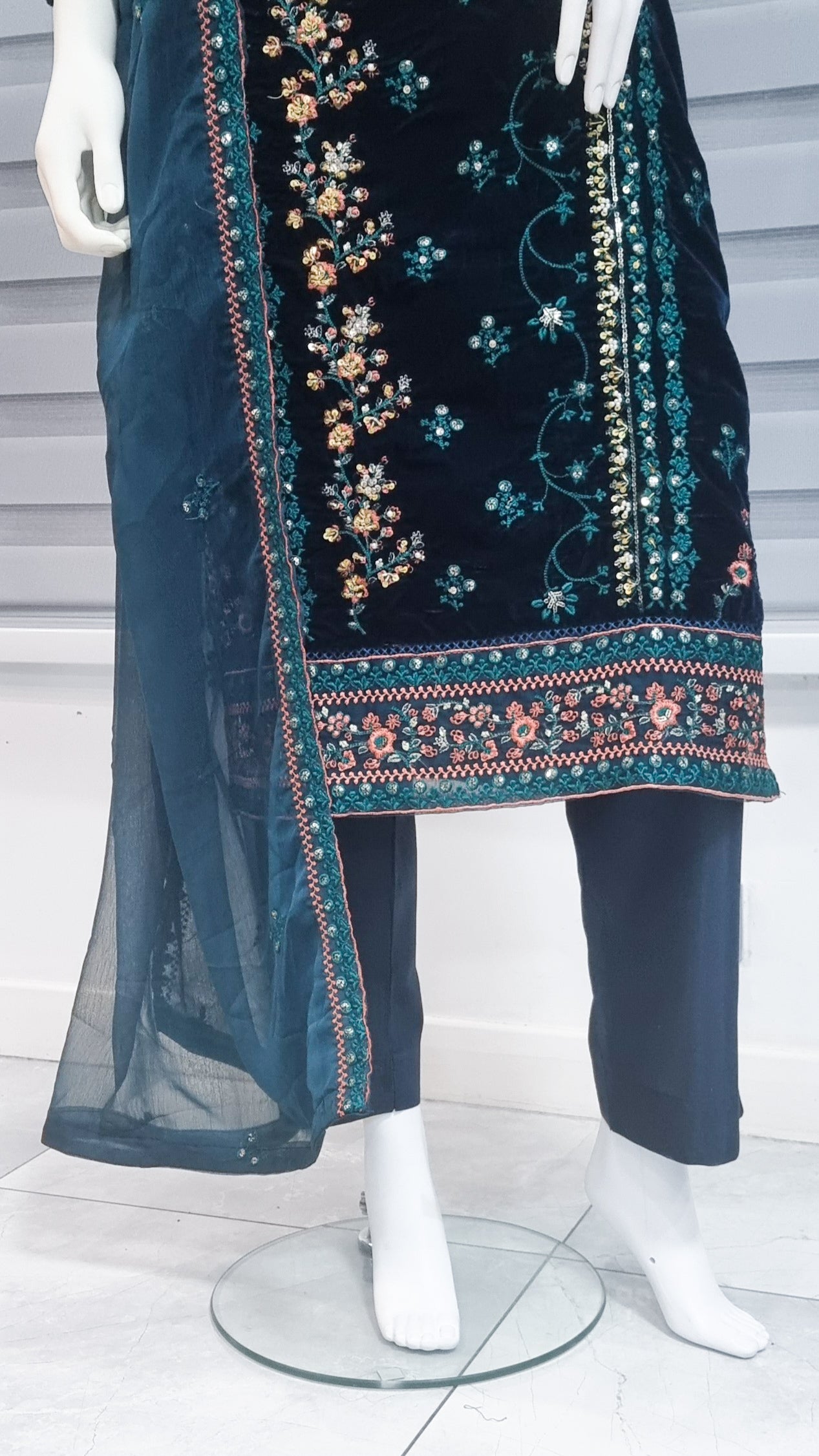 Teal Embroidered Velvet 3-Piece Suit
