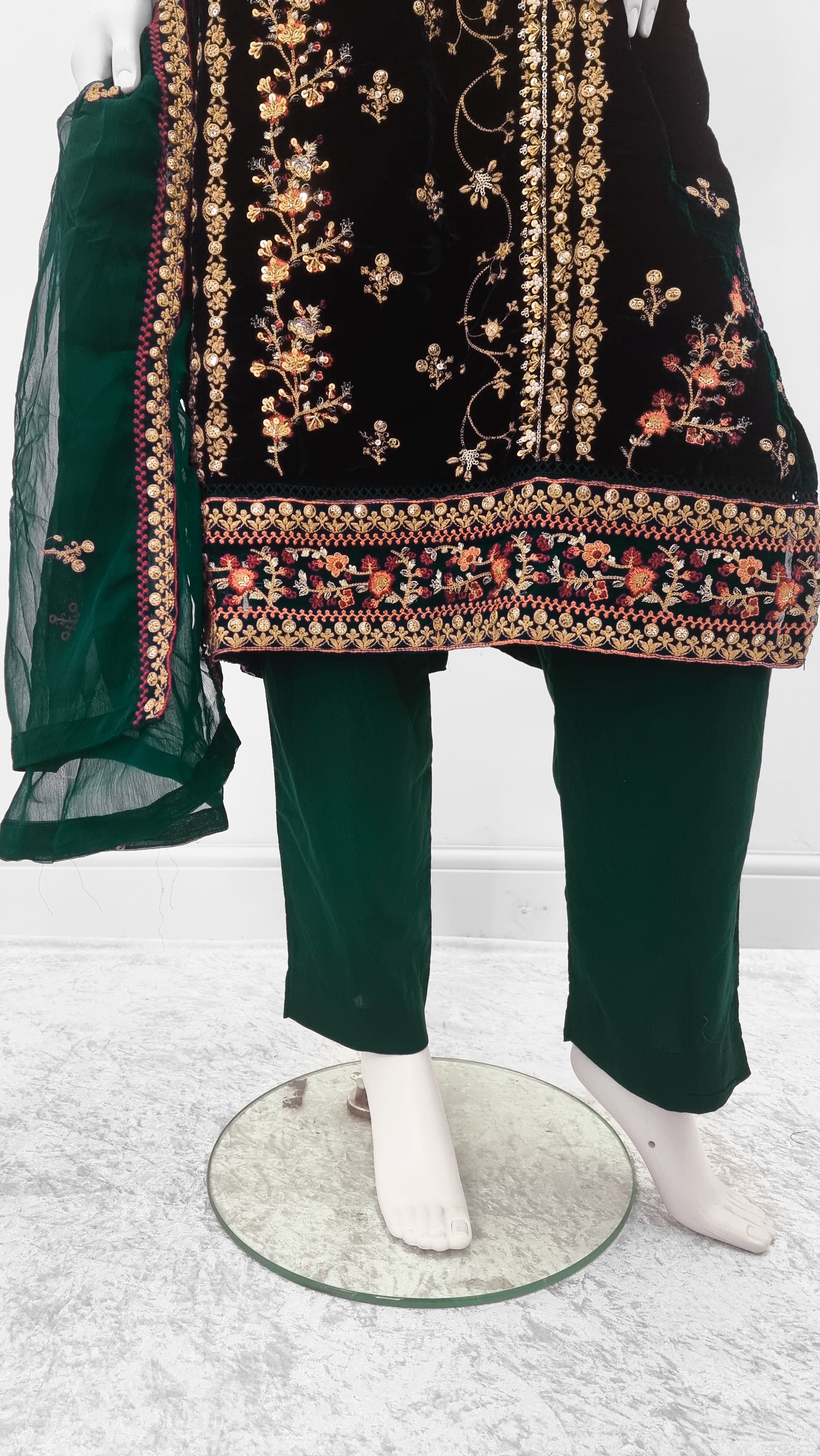 Green Embroidered Velvet 3-Piece Suit