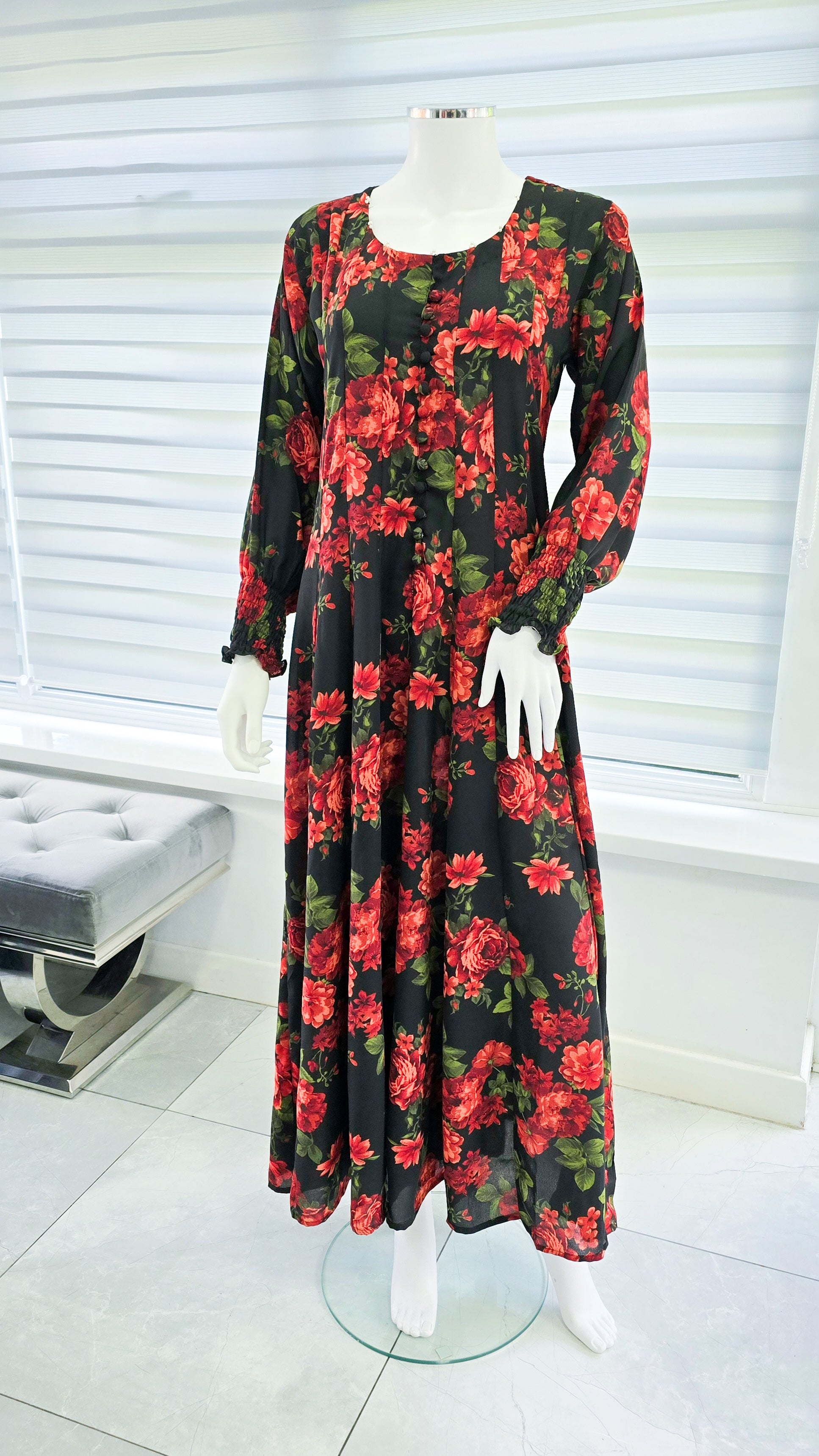 Black Red Floral Soft Georgette Casual Maxi Dress