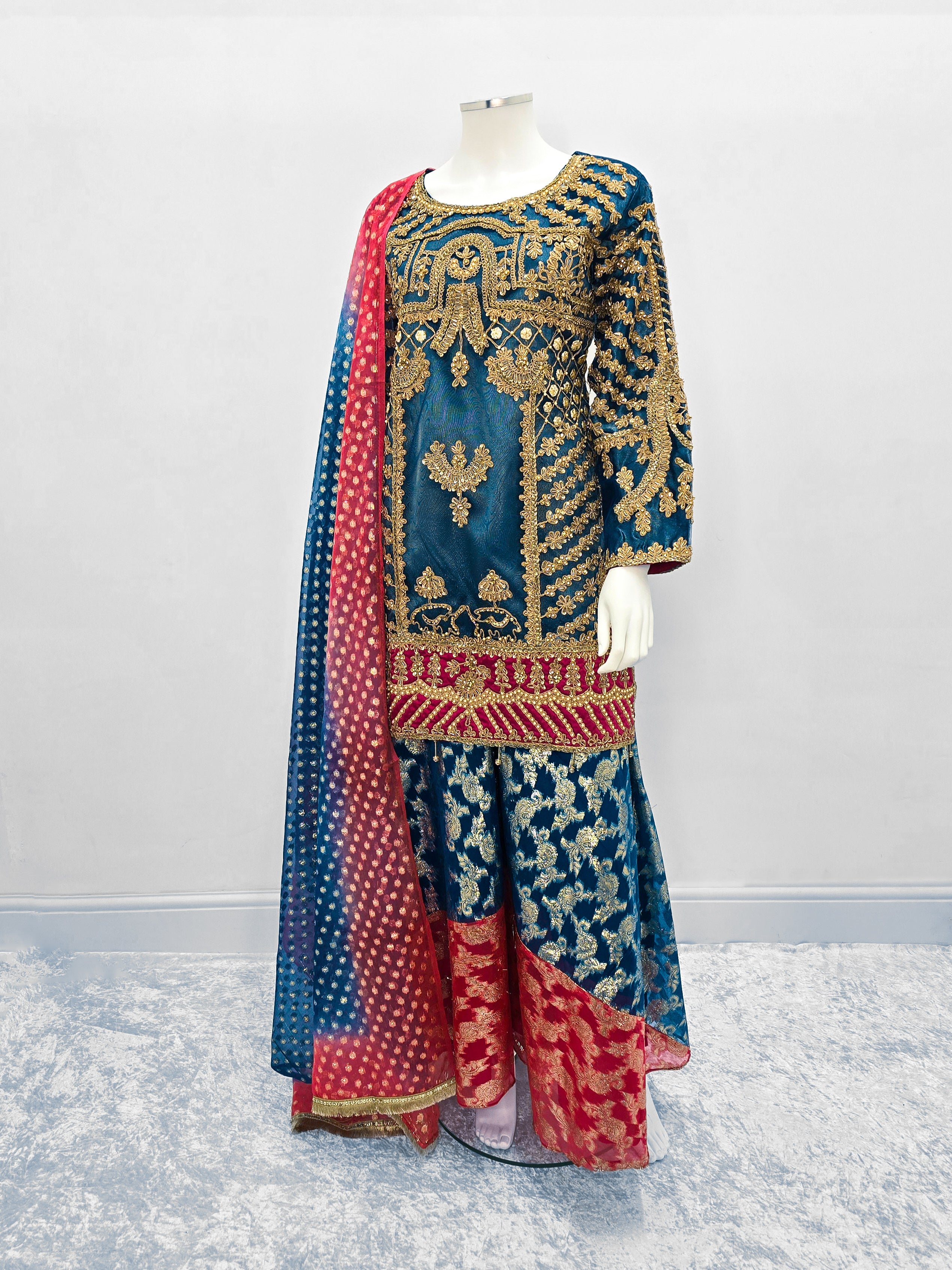 Teal Embroidered Net Suit with Sharara