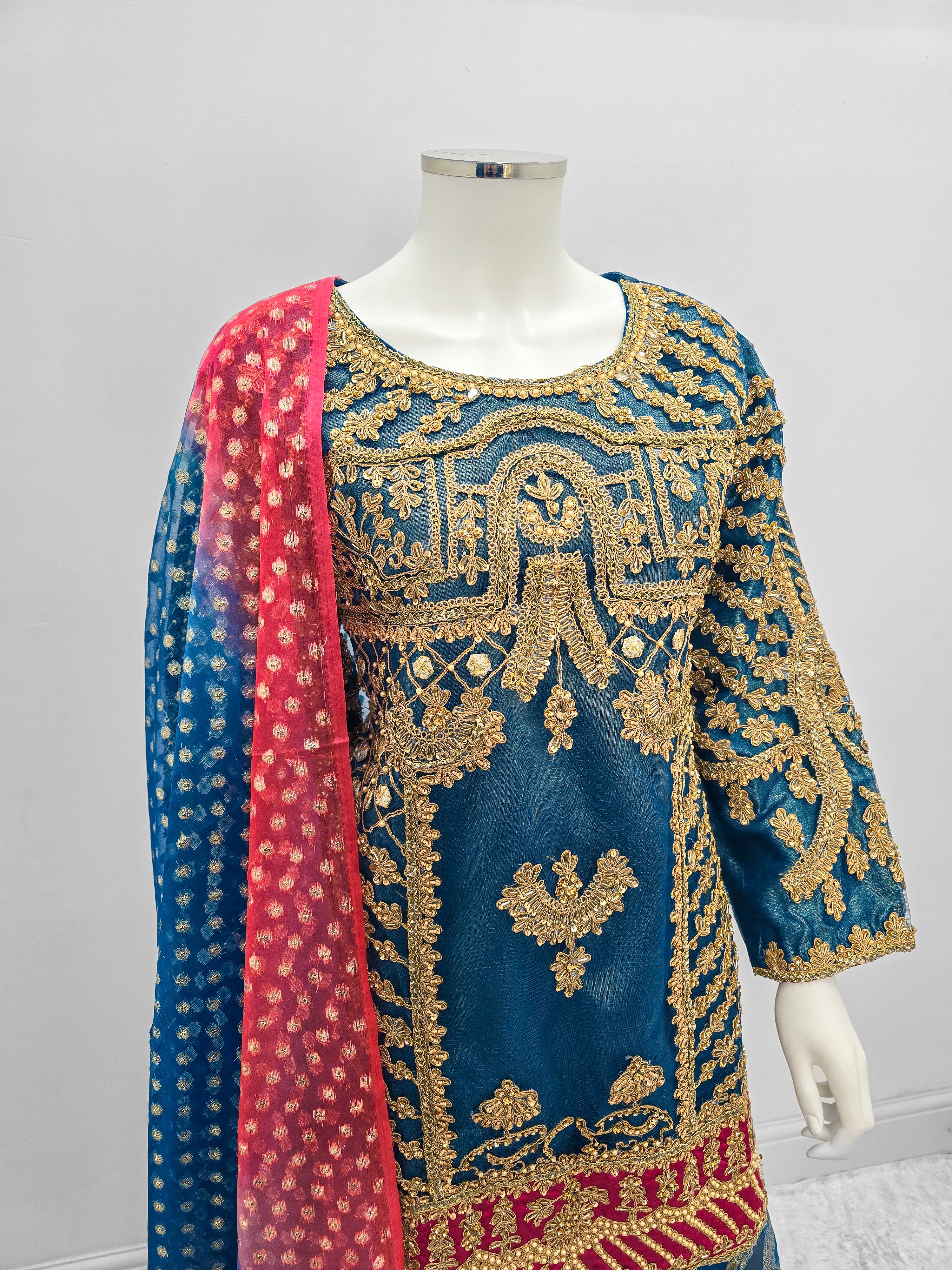Teal Embroidered Net Suit with Sharara