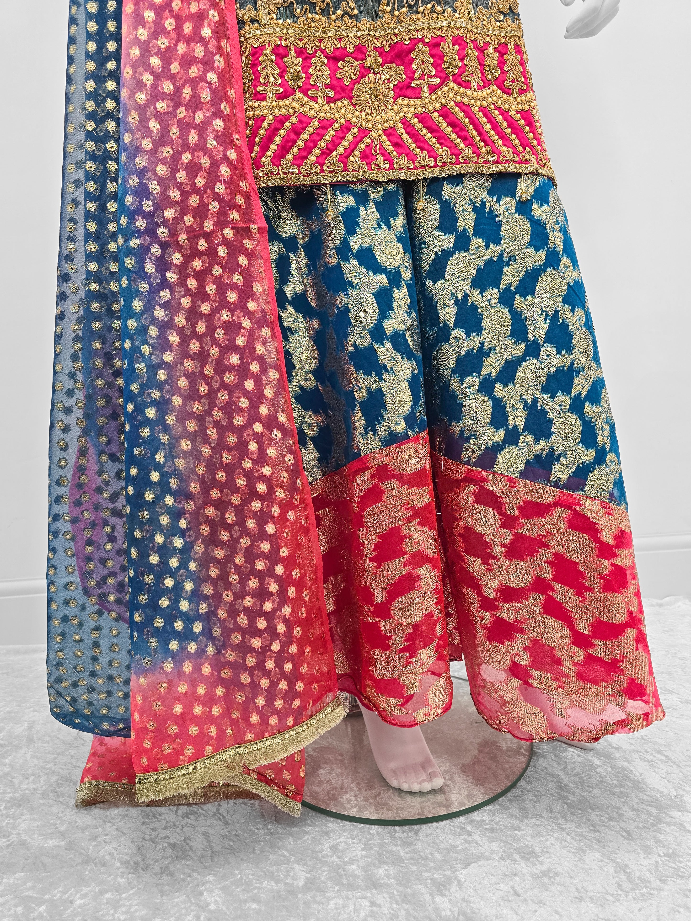 Teal Embroidered Net Suit with Sharara
