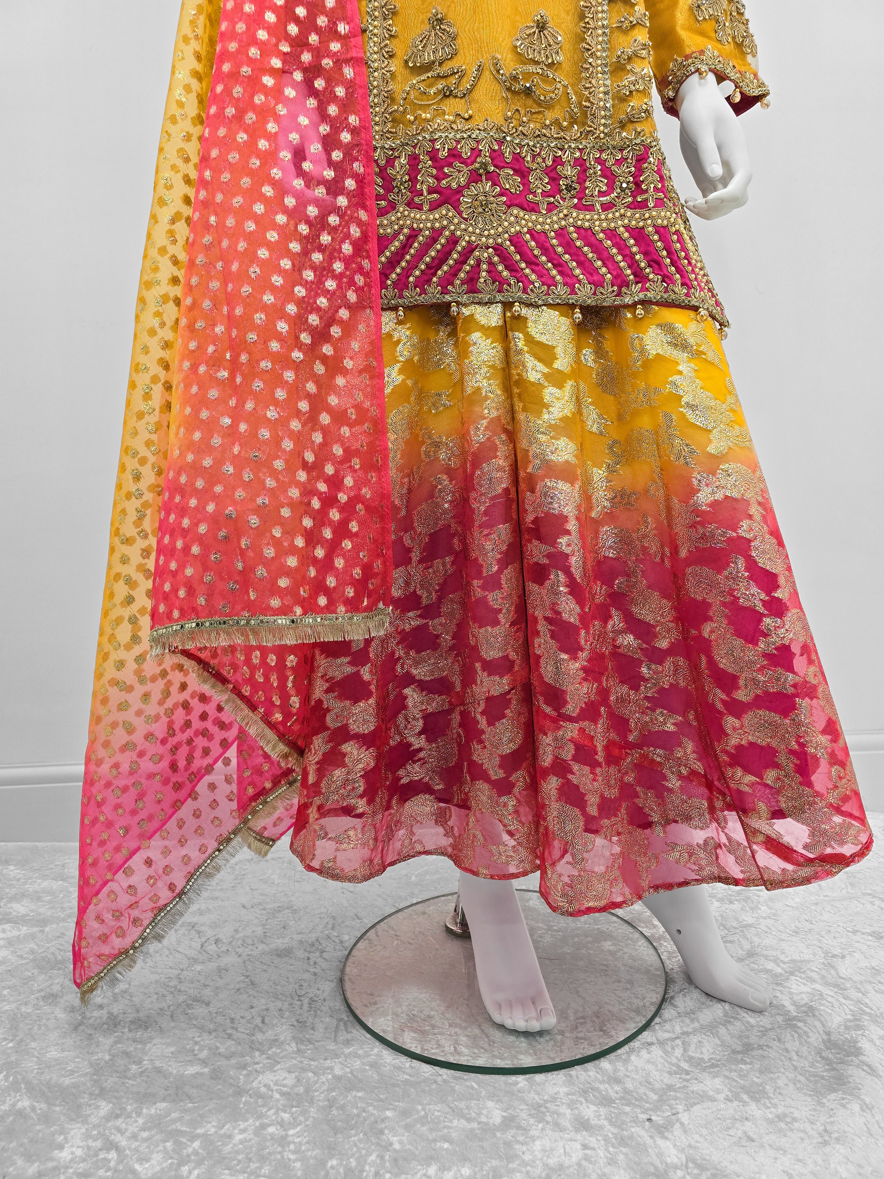 Mustard Embroidered Net Suit with Sharara