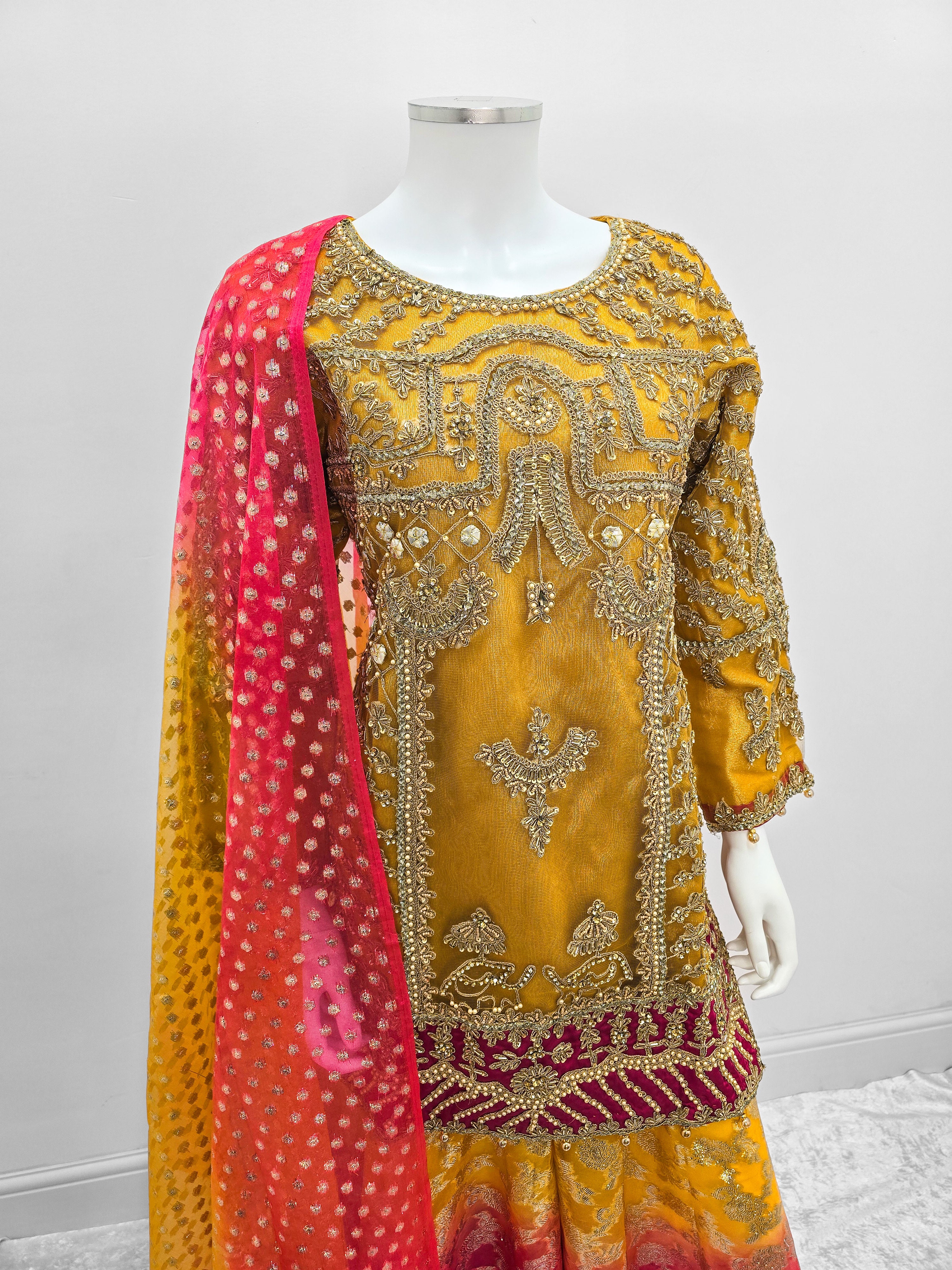 Mustard Embroidered Net Suit with Sharara