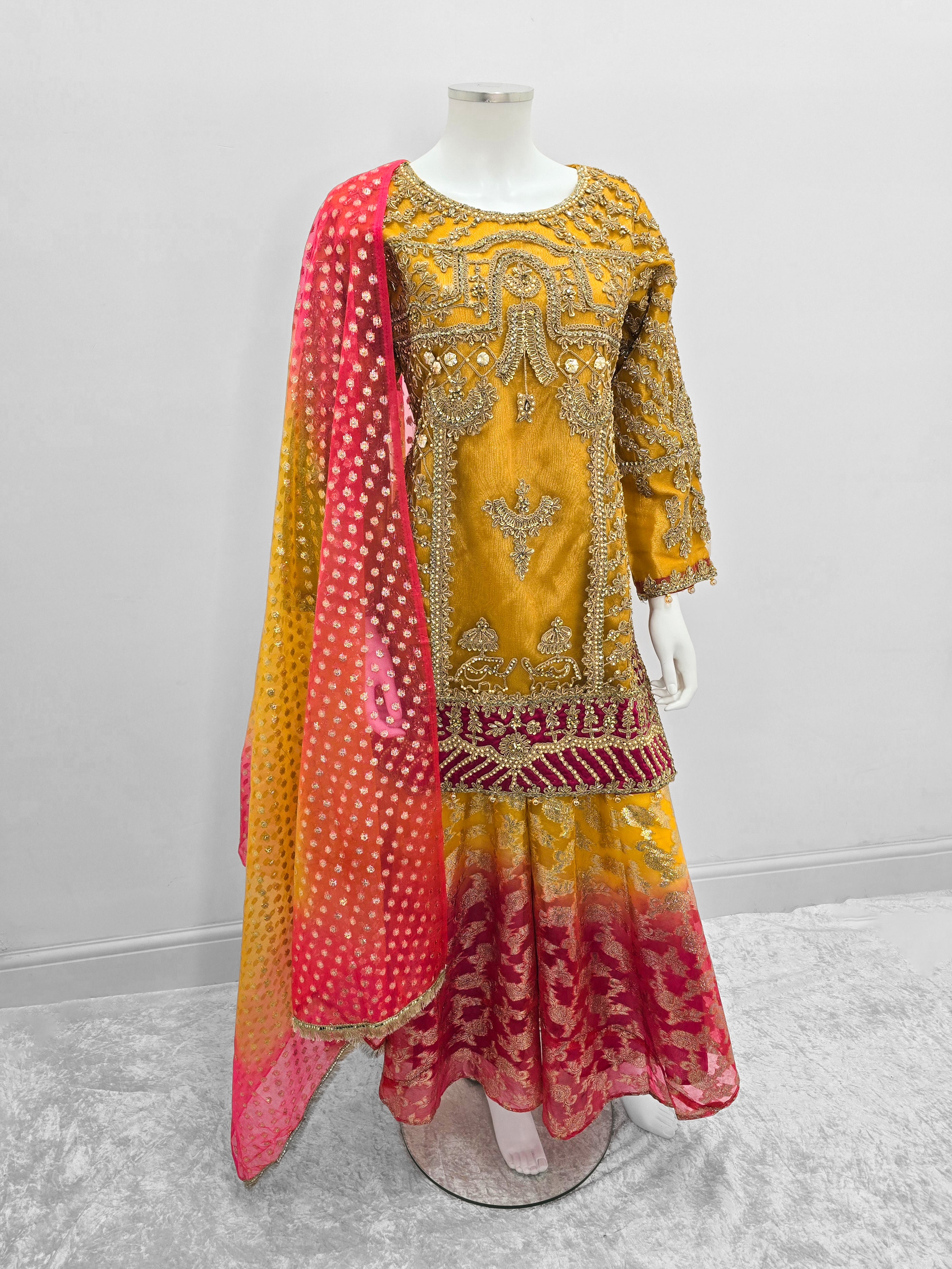 Mustard Embroidered Net Suit with Sharara