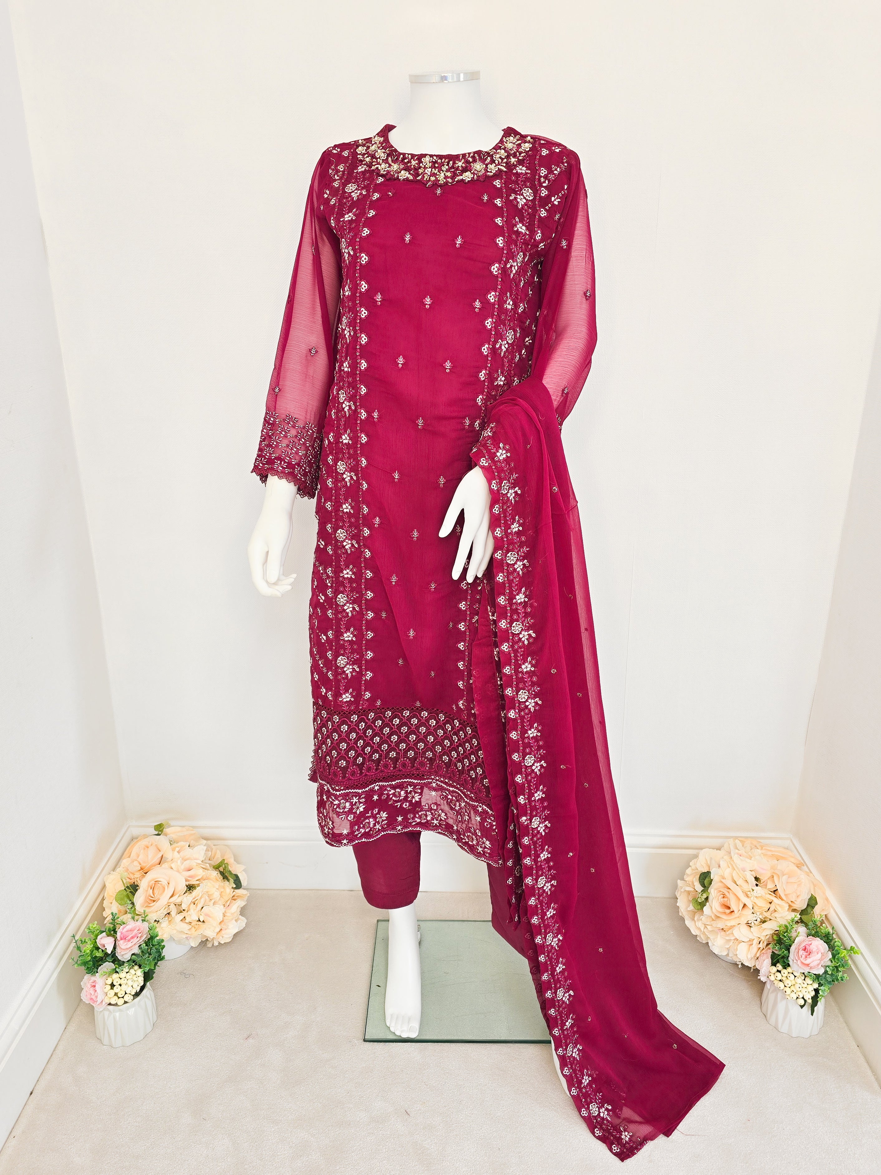 Red Chiffon Embroidered Suit
