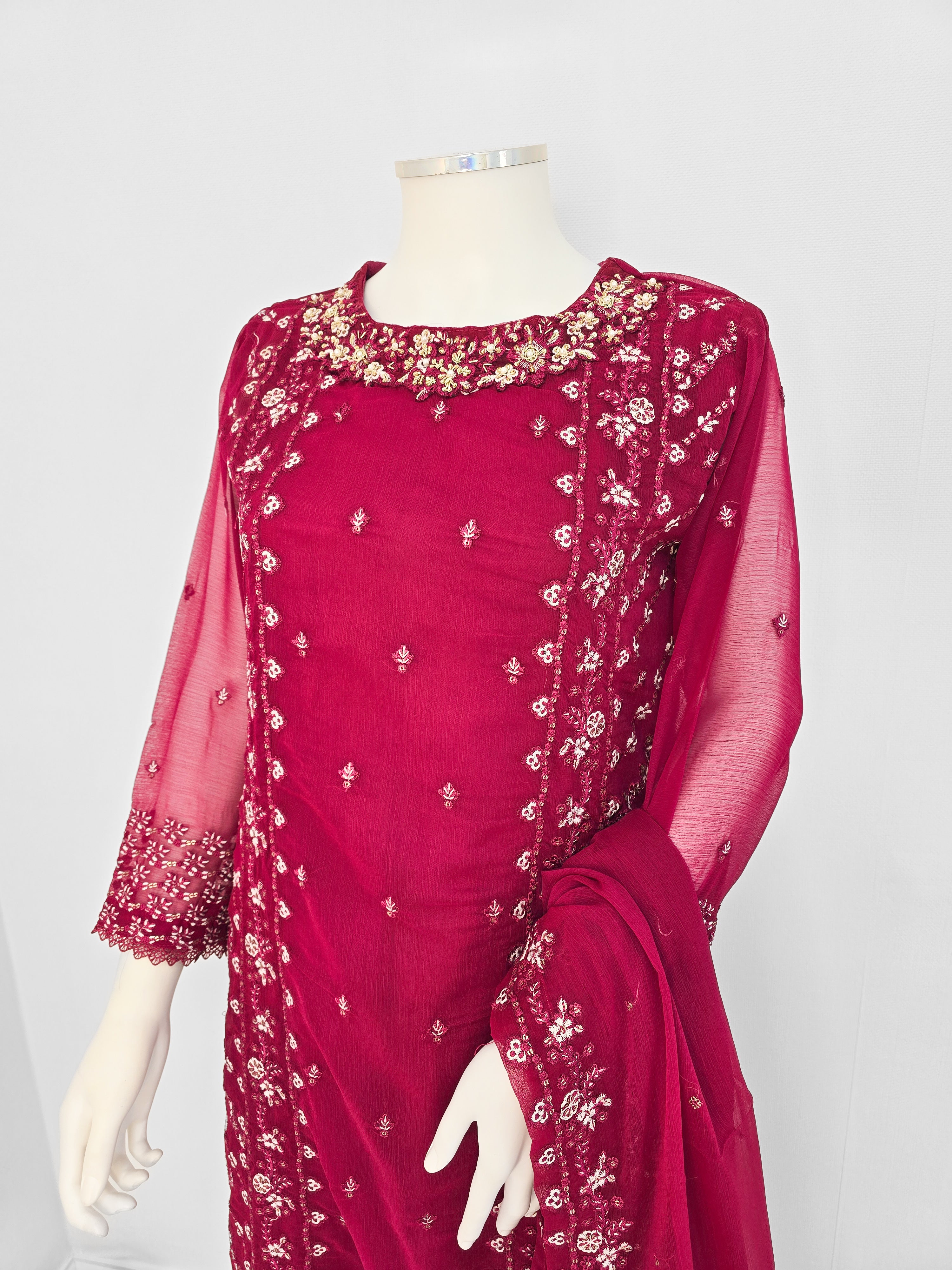 Red Chiffon Embroidered Suit
