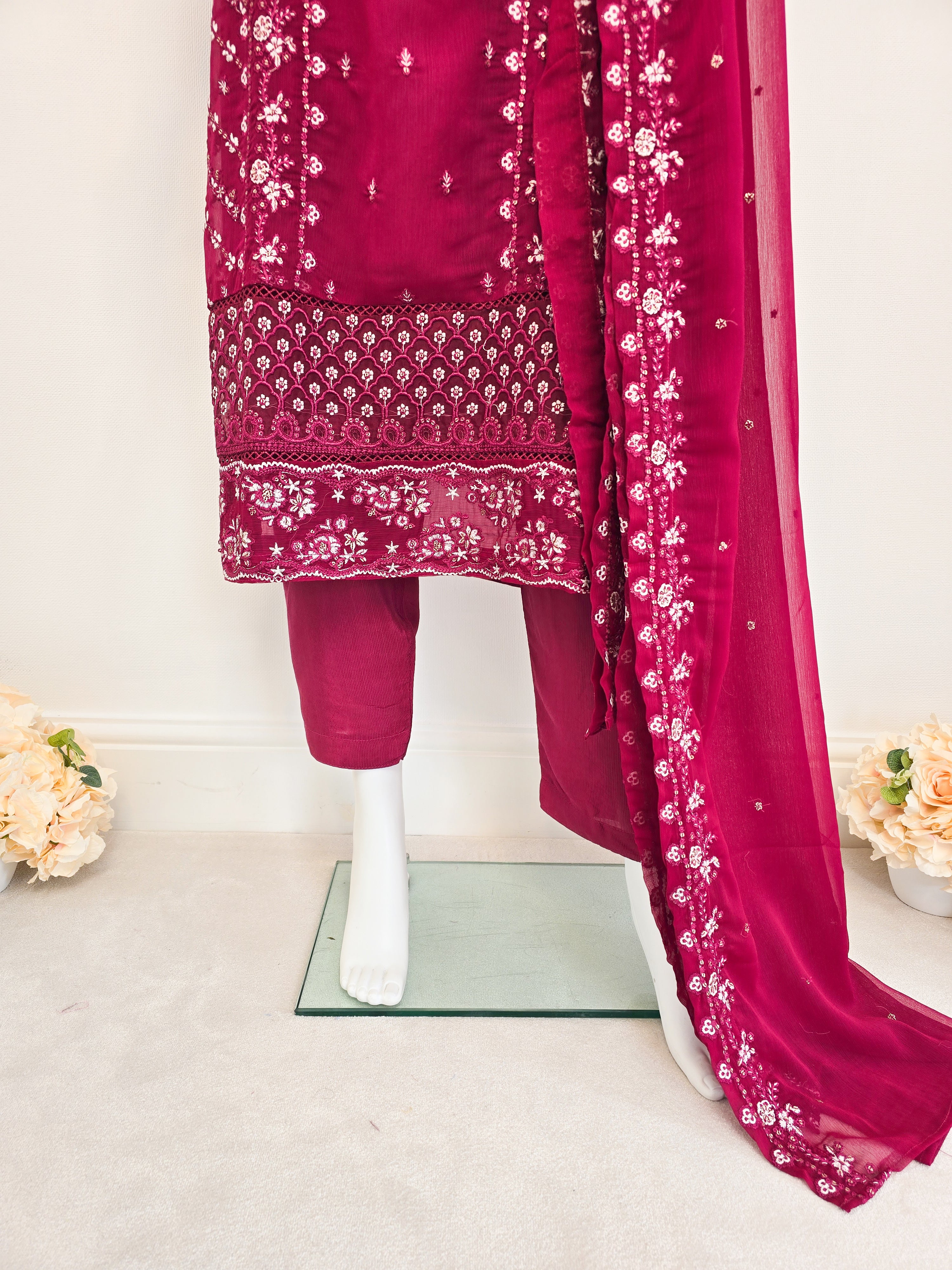 Red Chiffon Embroidered Suit