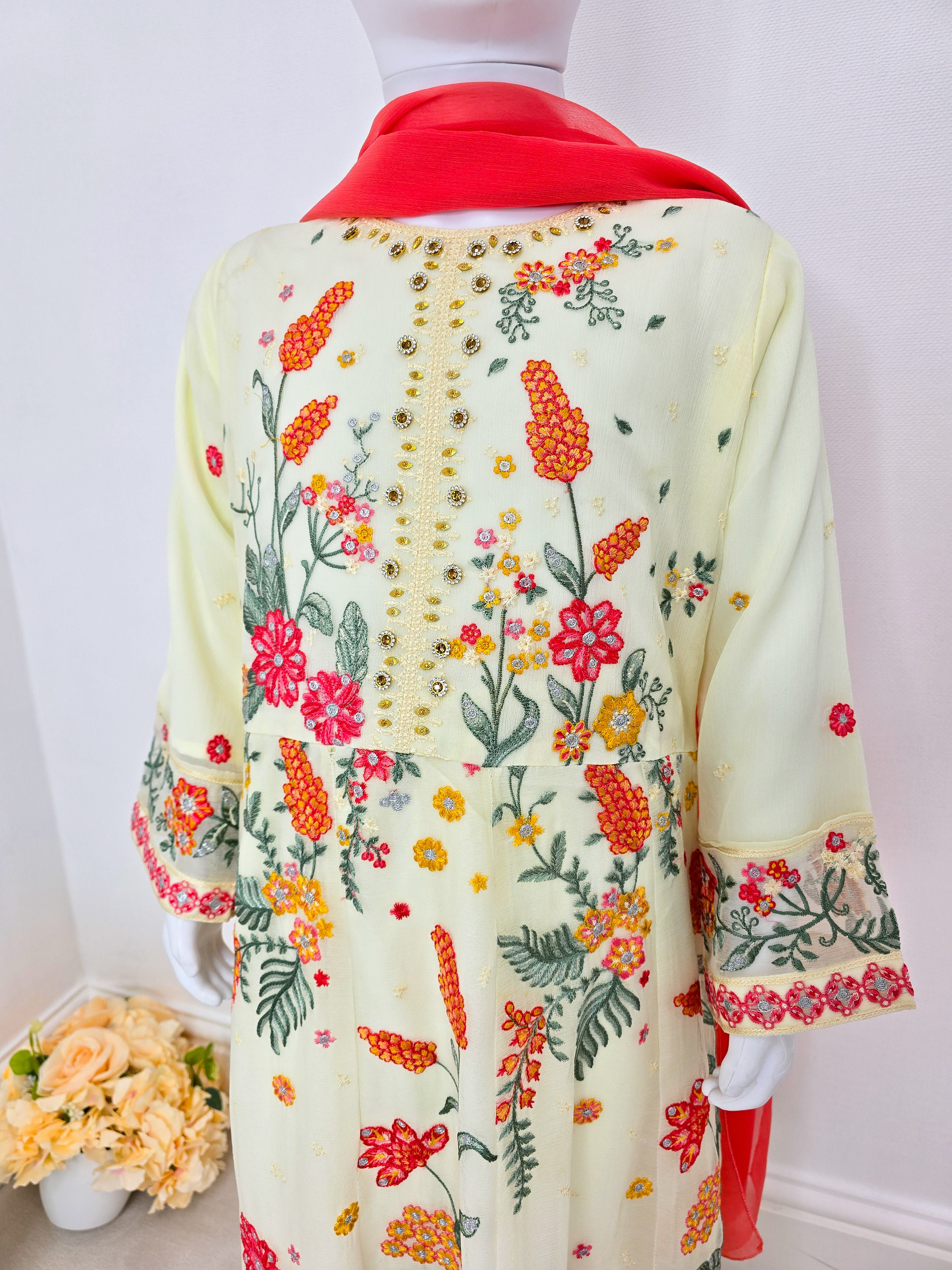Kids Embroidered Chiffon Long Frock 3-Piece Suit - Cream