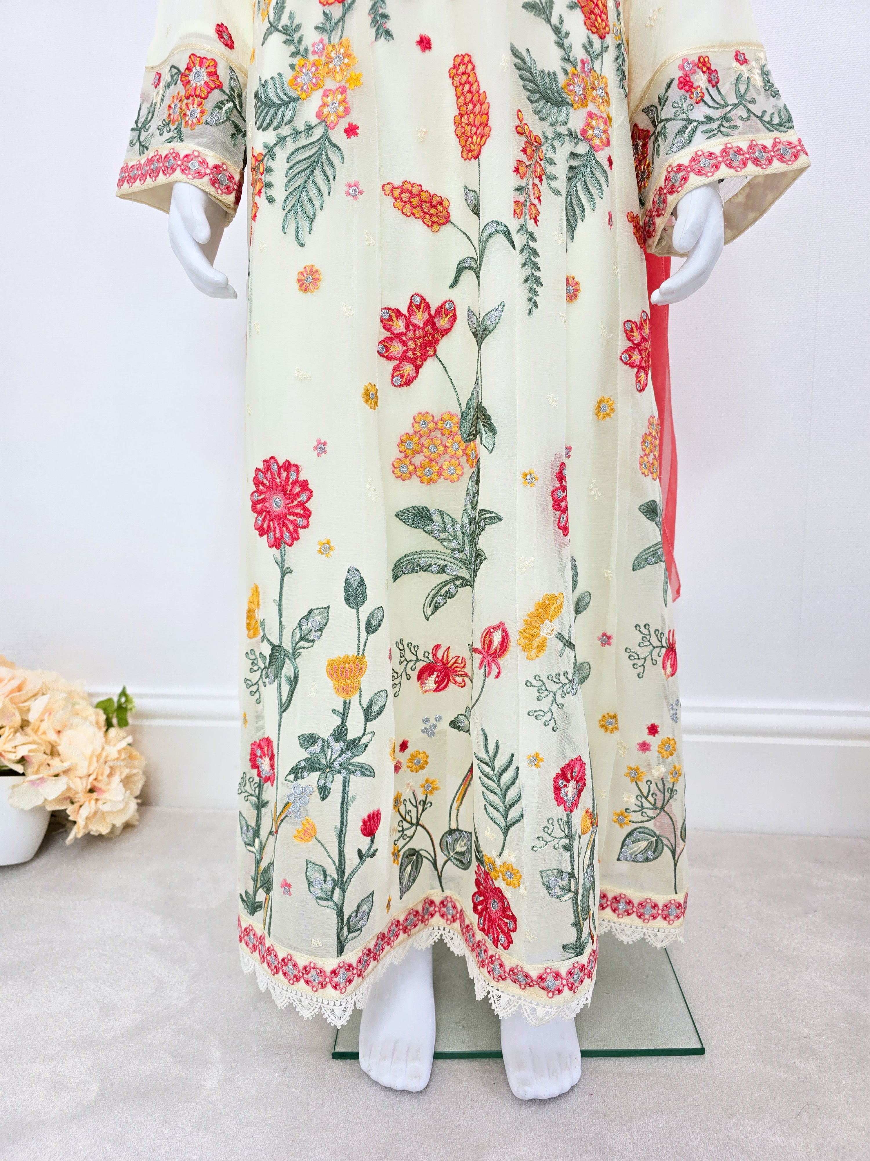 Kids Embroidered Chiffon Long Frock 3-Piece Suit - Cream