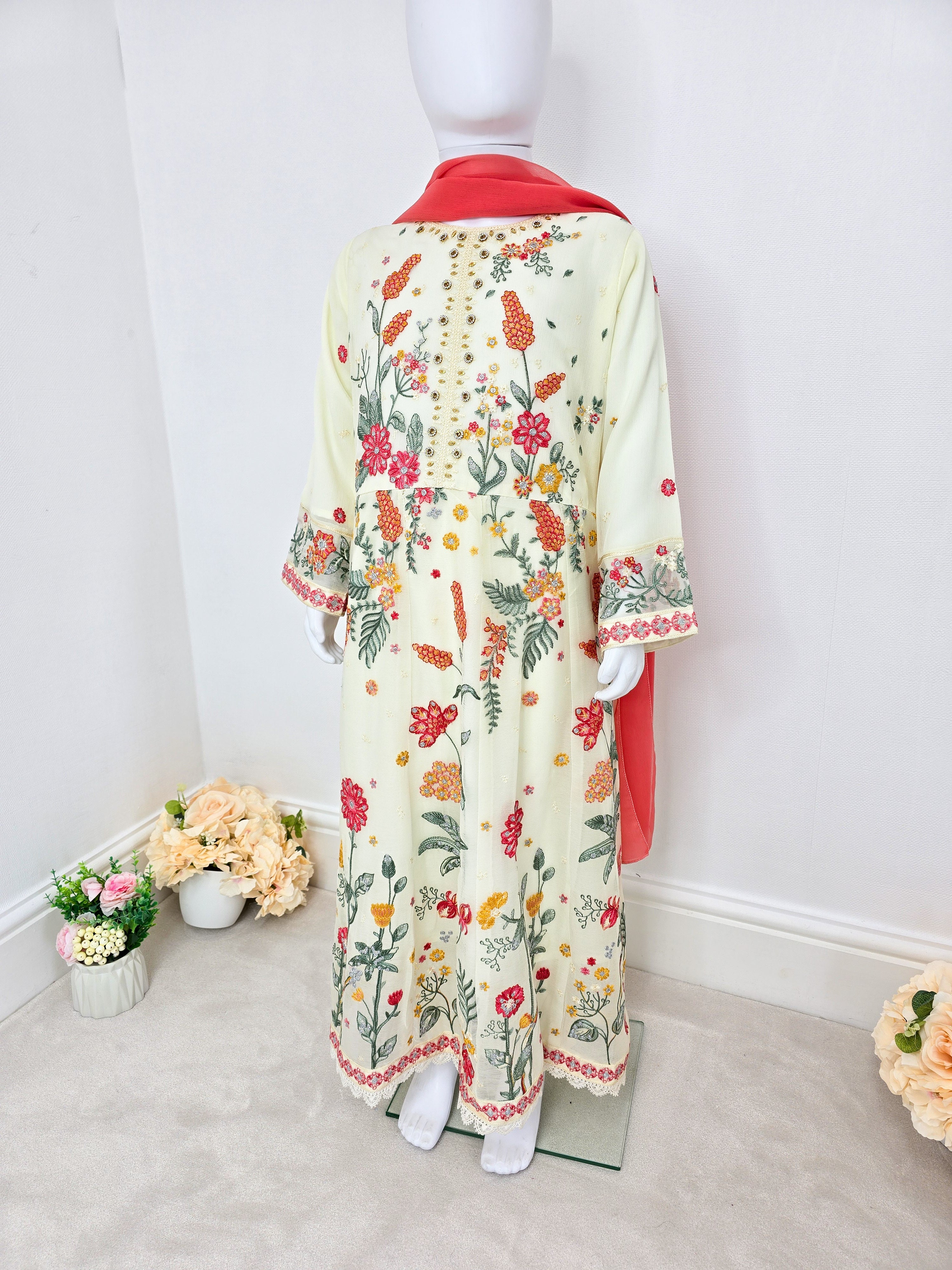 Kids Embroidered Chiffon Long Frock 3-Piece Suit - Cream