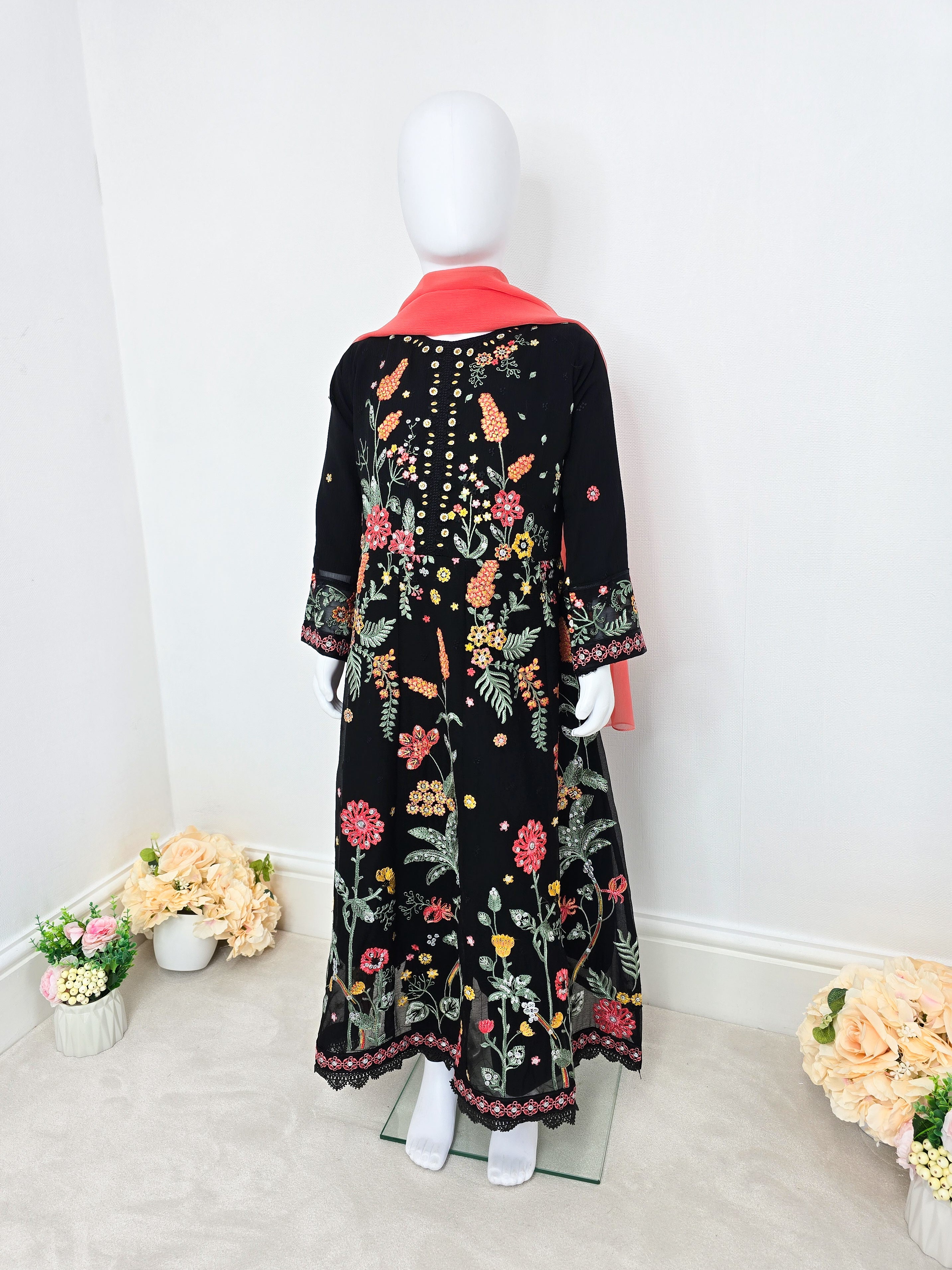 Kids Embroidered Chiffon Long Frock 3-Piece Suit - Black