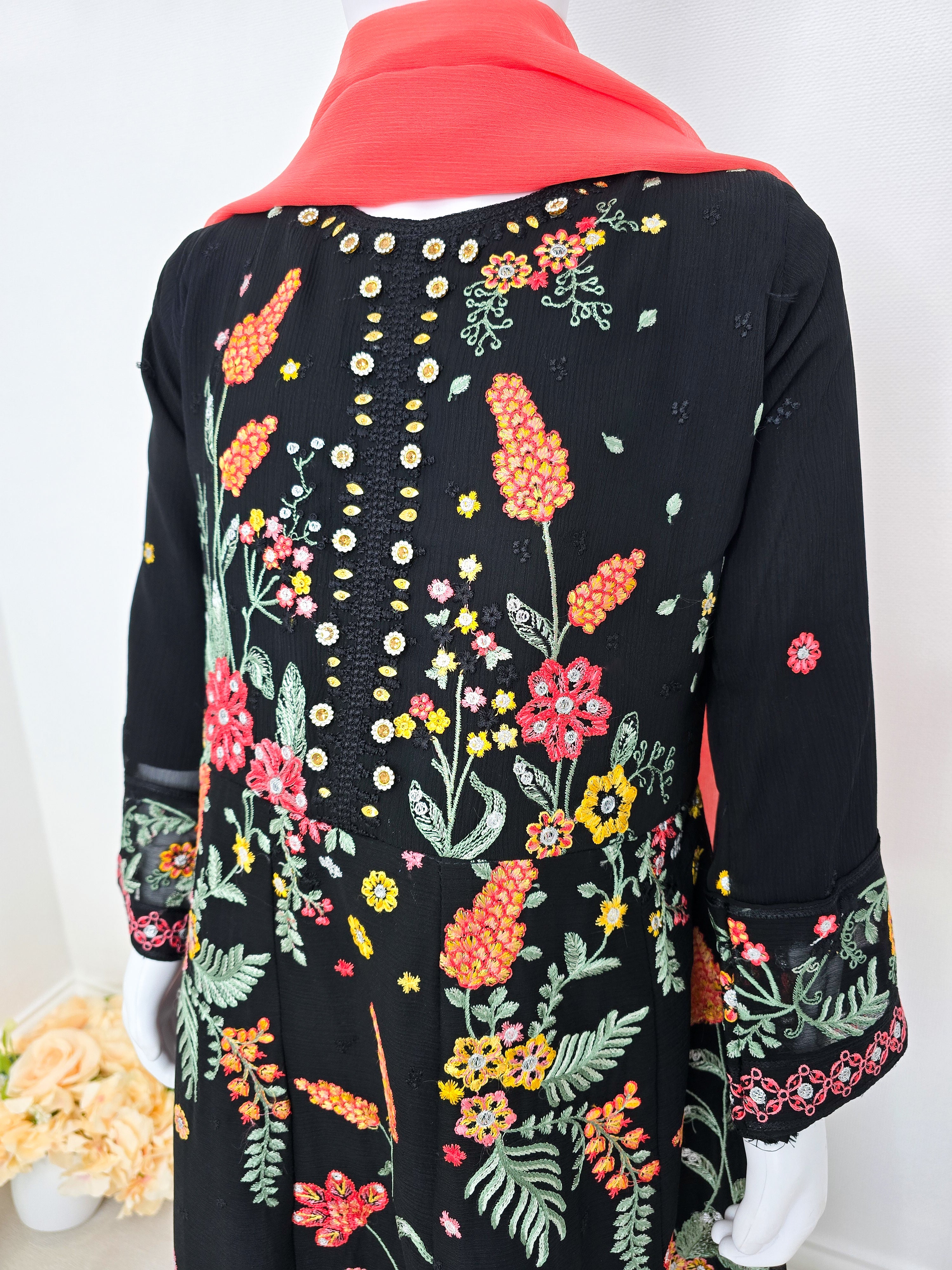 Kids Embroidered Chiffon Long Frock 3-Piece Suit - Black
