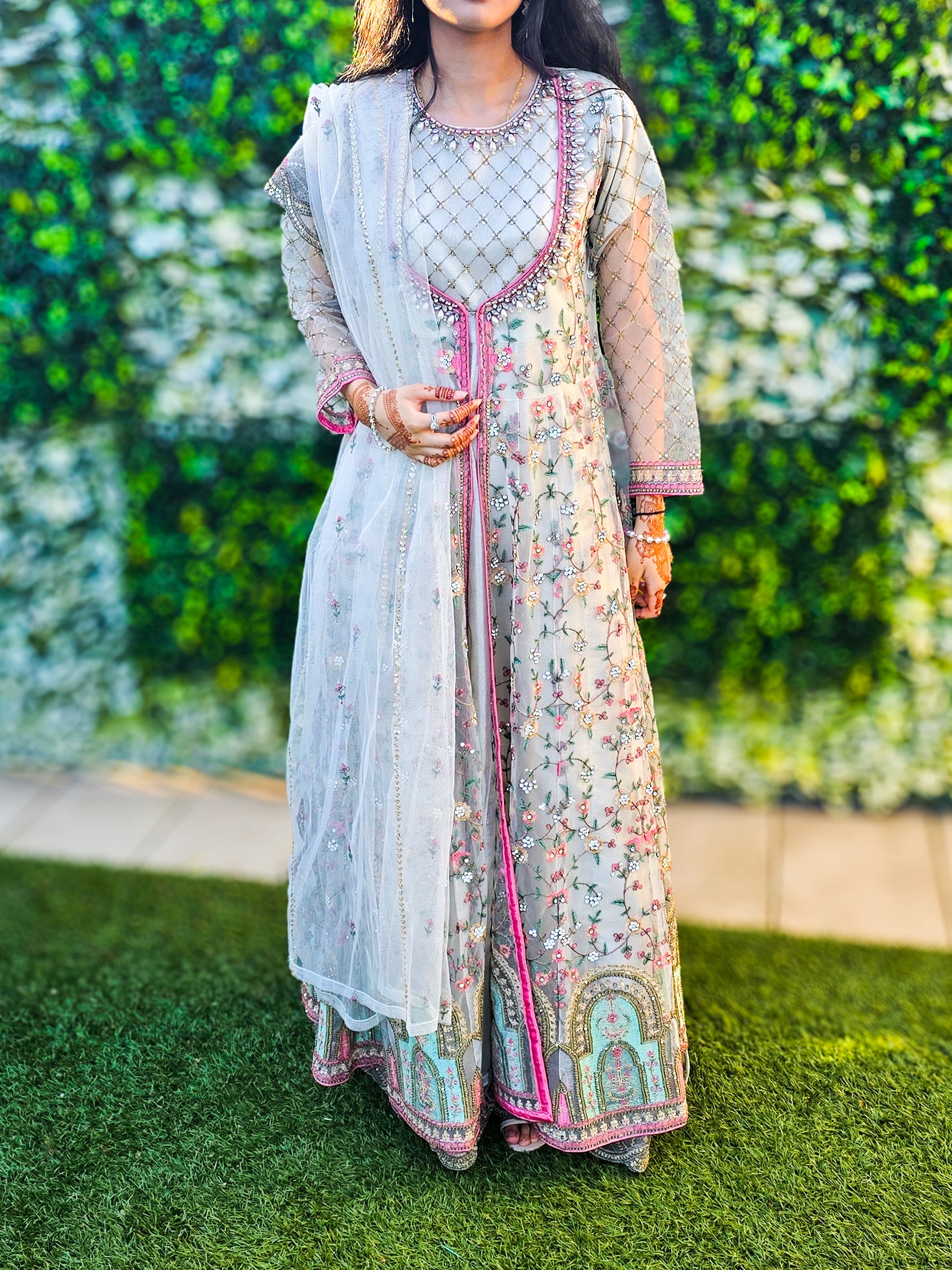 Luxury Embroidered 3pc Gown Suit - White